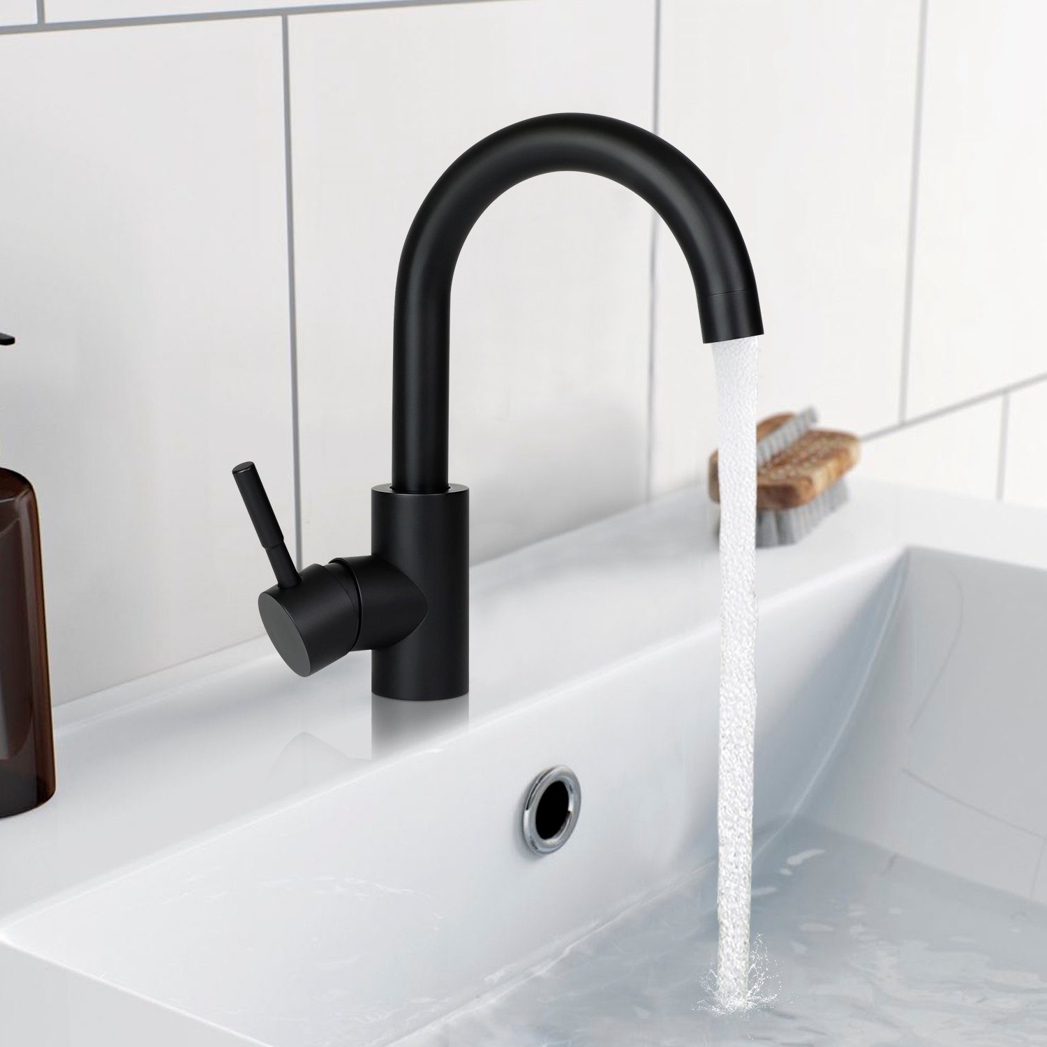 ZMH Waschtischarmatur Waschbecke Drehbar Hochdruck Edelstahl zugstang Schwarz