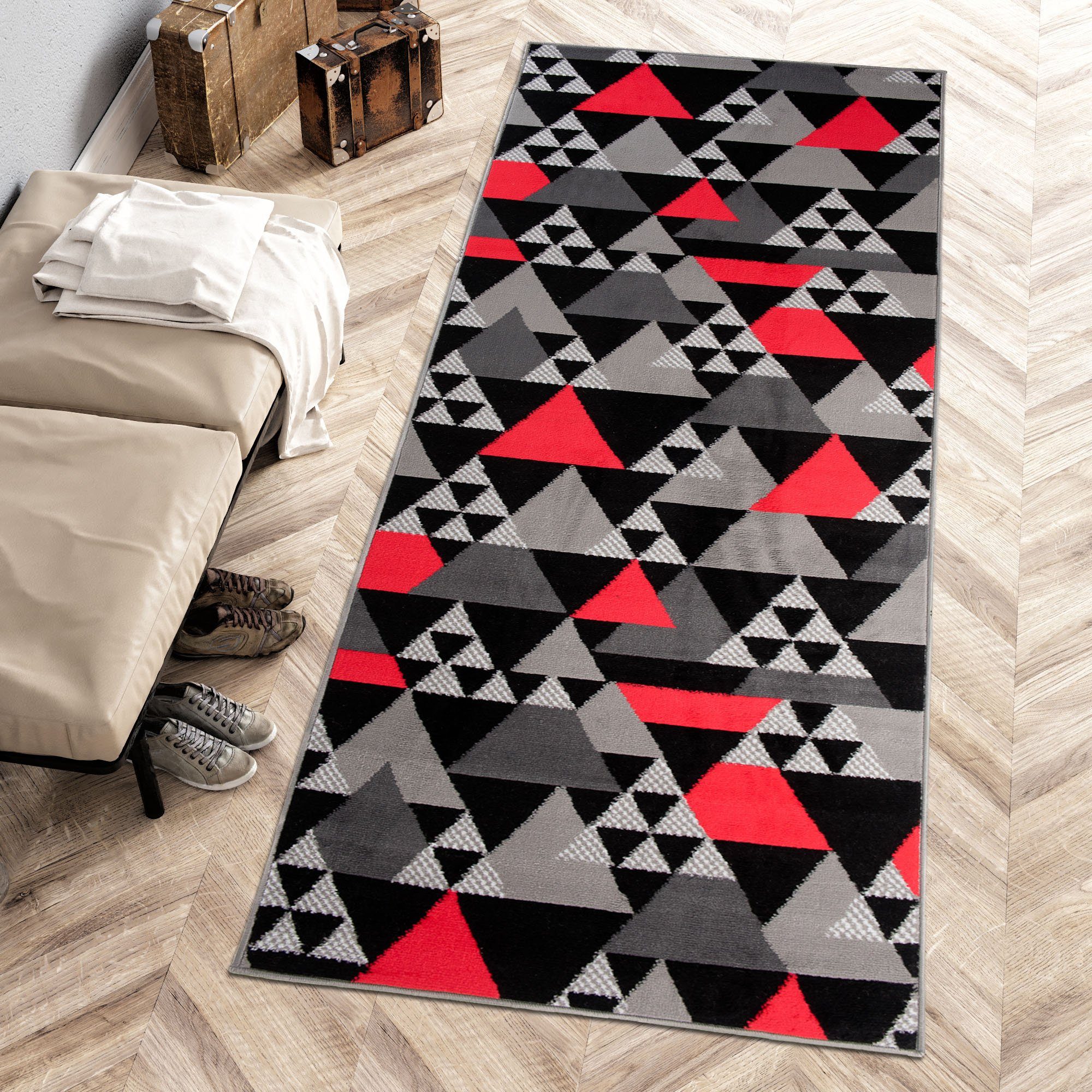 Läufer Läufer Flurläufer Modern für Vorzimmer 100 cm Breit Grau Rot, Mazovia, 100 x 100 cm, Kurzflor, Meterware, Höhe 8 mm, Kurzflor - niedrige Florhöhe