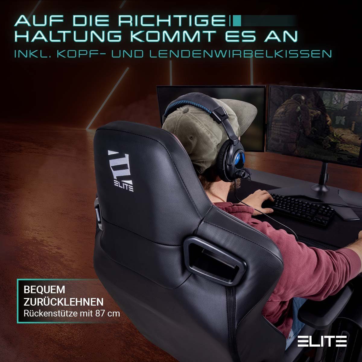ELITE Gaming Gaming-Stuhl verstellbarer Profi Gamingstuhl ELITE Mercenary inkl. 4D-Armstützen (Drehstuhl inkl. Kopf- und Lendenwirkbelkissen (Alcantara-Optik), bis 150 kg, klappbare Rückenlehne - bis zu 135° neigbar, Home Office geeignet, Sicherheits