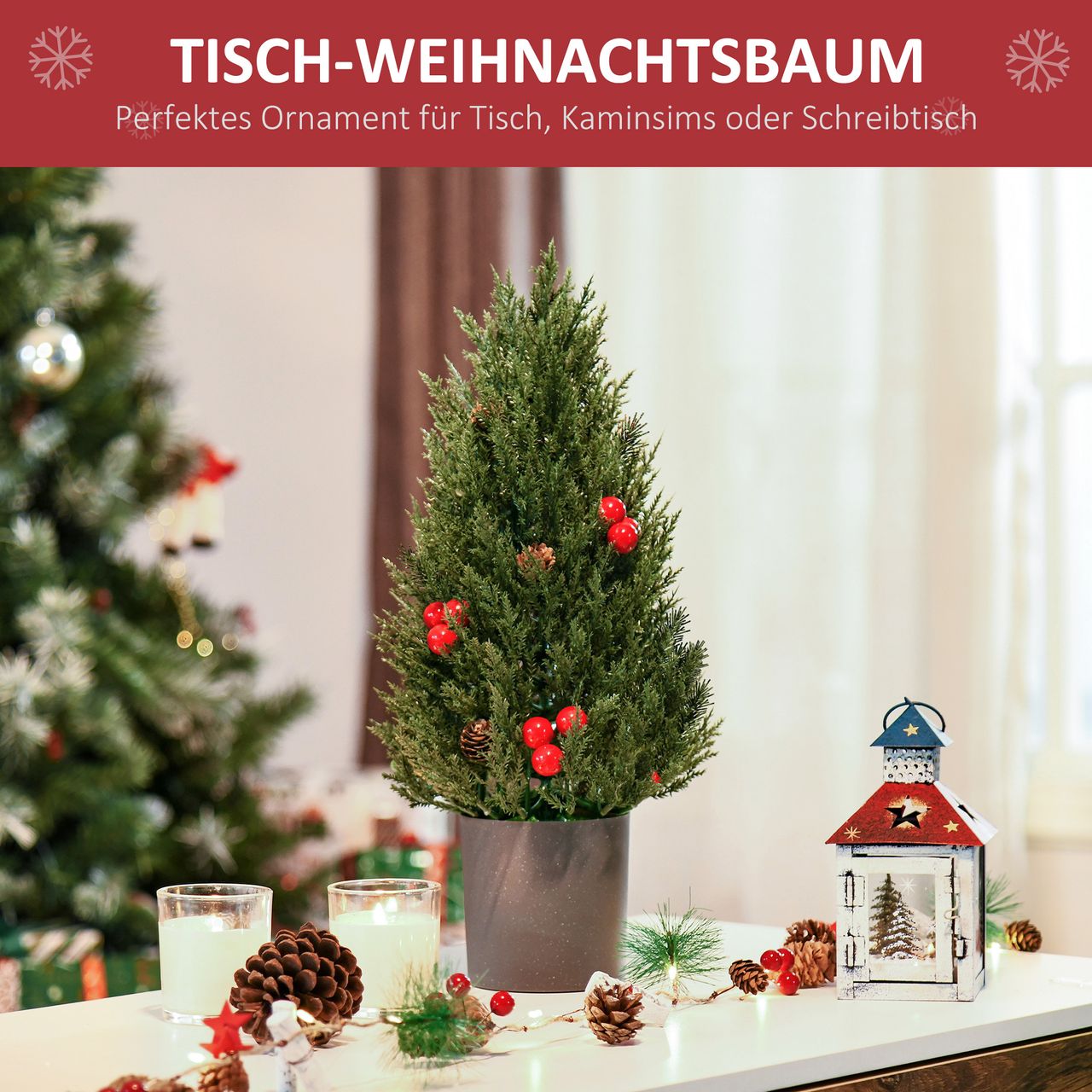 HOMCOM Weihnachtsbaum 50 cm Christbaum Zypressen-Weihnachtsbaum mit 7 roten Beeren und 6 Tannenzapfen Kunsttanne 170 Zweige für Tisch und Schreibtisch PVC PE Grün Ø27 x 47 cm