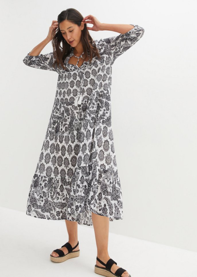 Crincle- Baumwollmidikleid mit Taschen und 3/4- Arm