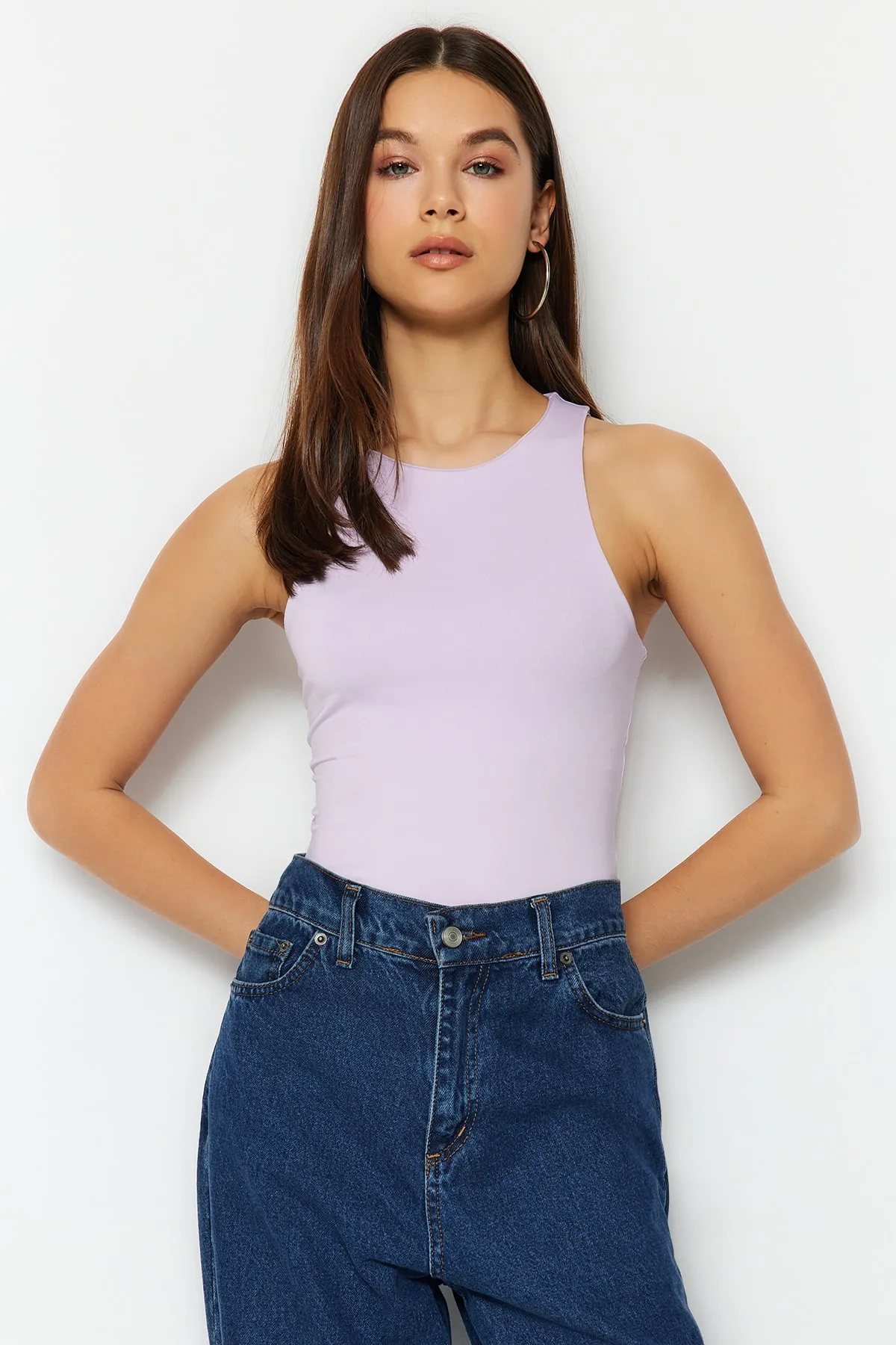 Trendyol Collection  Lila Neckholder-Body mit flexiblem Druckknopf-Strick-Body TWOSS20BD0044