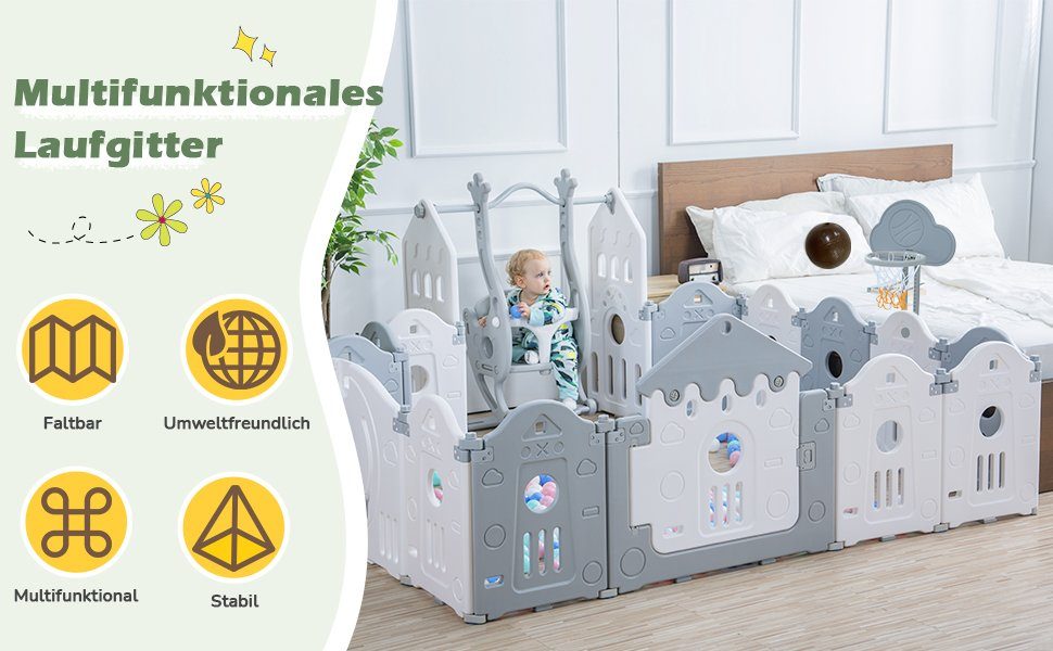 HAUSS SPLOE Laufstall Laufgitter Baby Laufstall Faltbar Spielzubehör Spielzeugboard (Basketballkorb Spielzubehör 160x160x77cm kann verschoben werden), Laufställe, Schutzgitter aus Kunststoff mit Tür Spielzeugboard