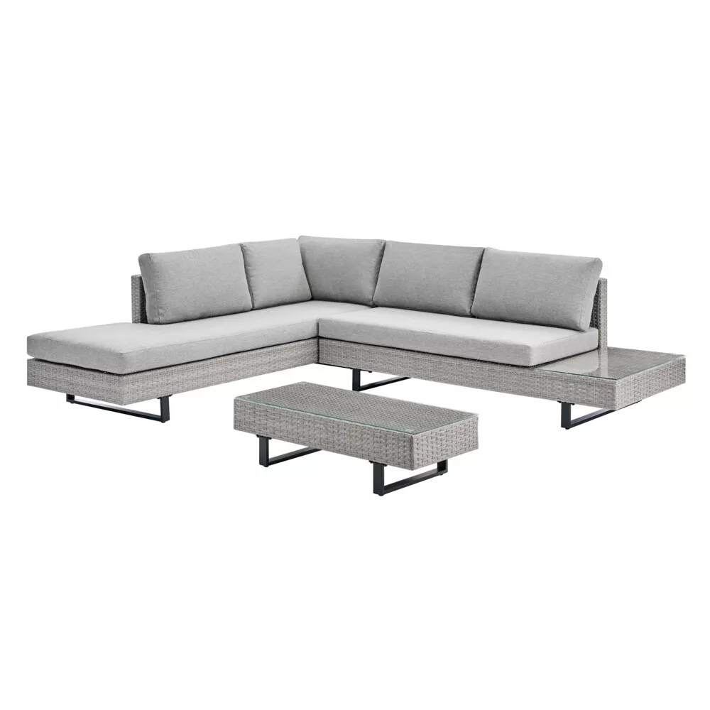 Never Indoor Rattan Sitzgarnitur 12 tlg. Eckloungeset mit Tischablage & Polsterkissen grau