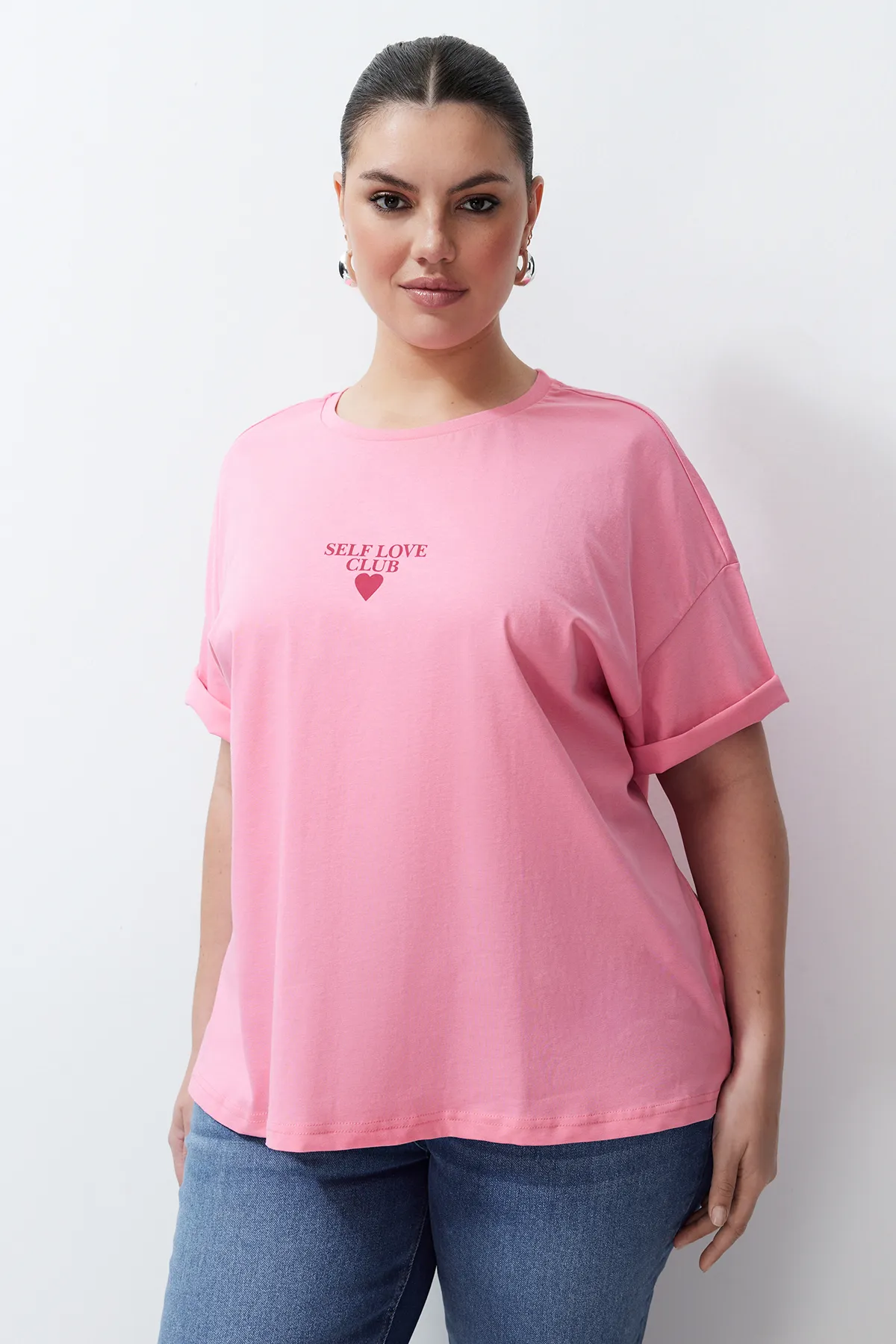 Trendyol Curve  Rosa bedrucktes Oversize-Strick-T-Shirt TBSSS24BF00011