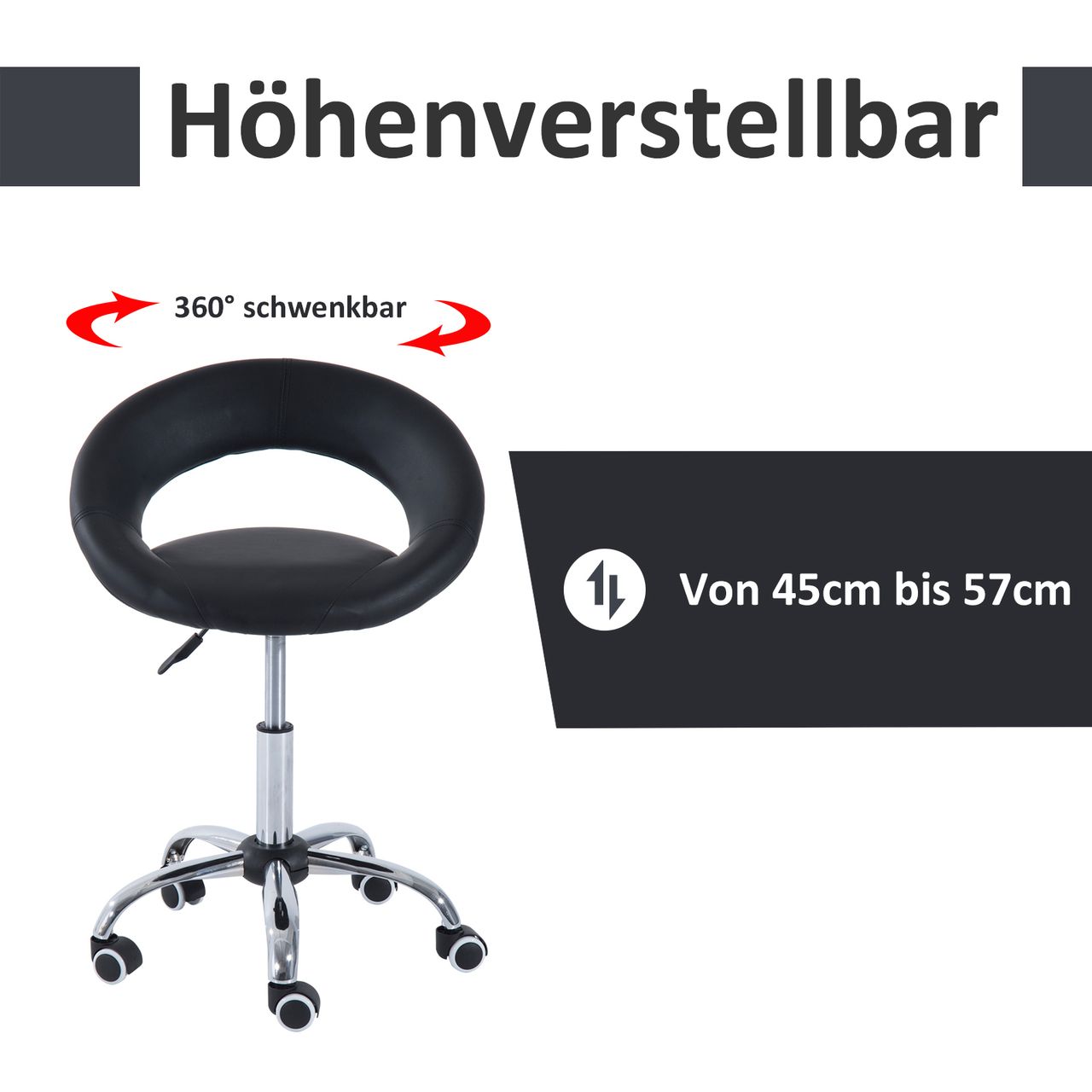 HOMCOM Rollhocker Arbeitshocker Drehhocker Bürostuhl höhenverstellbar, PU Metall, Schwarz, 50 x 54 x (66-78) cm