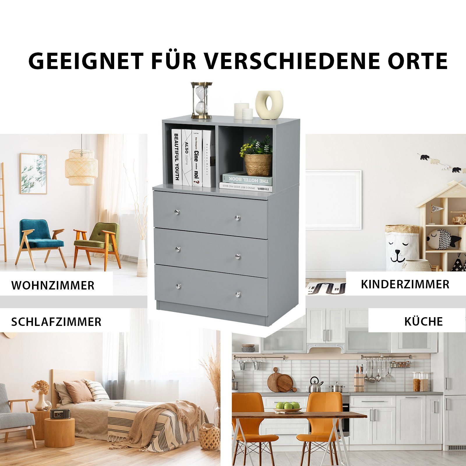 COSTWAY Kommode, mit 3 Schubladen & 2 Fächern, Holz, Kippschutz, 60x40x94cm