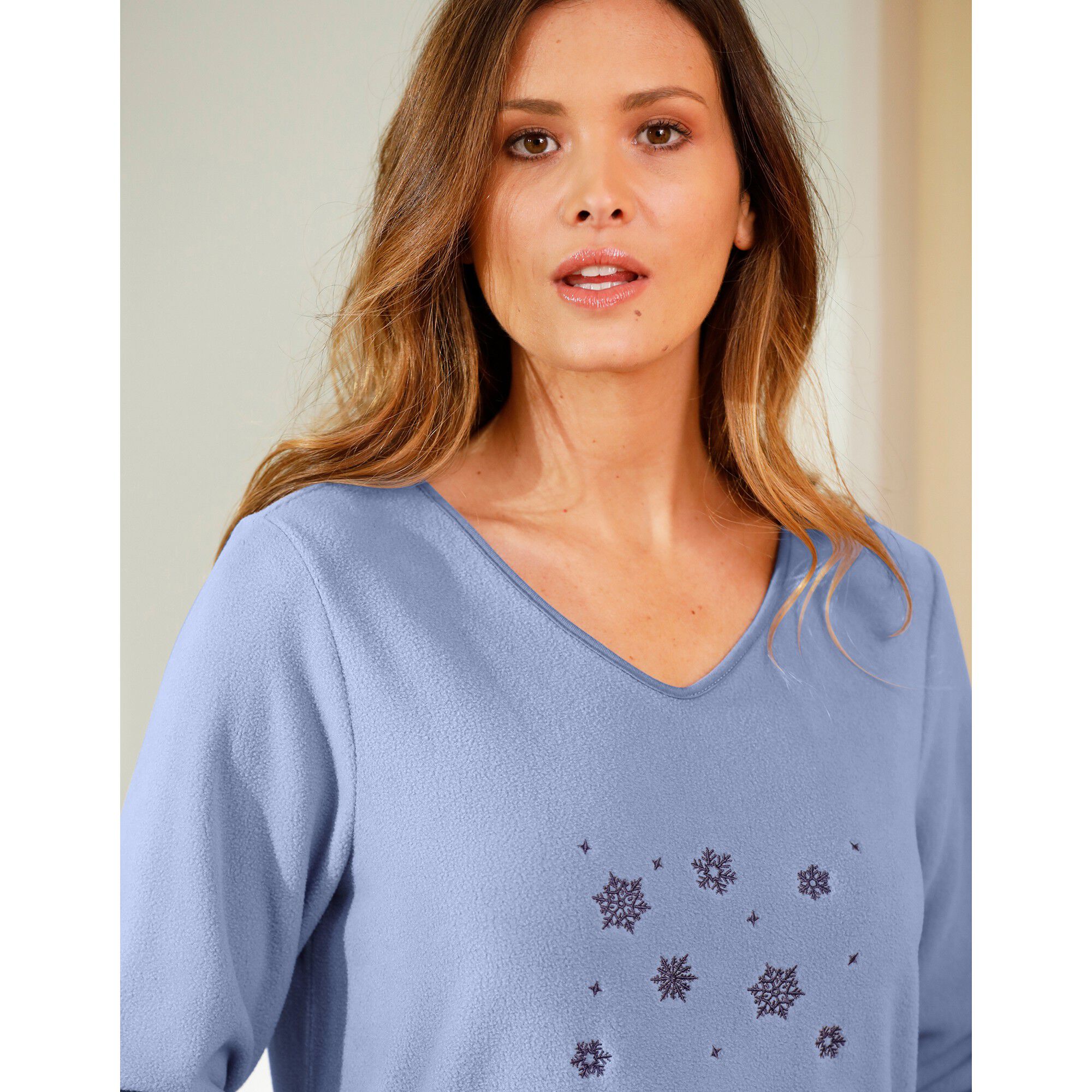 Chemise de nuit polaire manches longues brodée