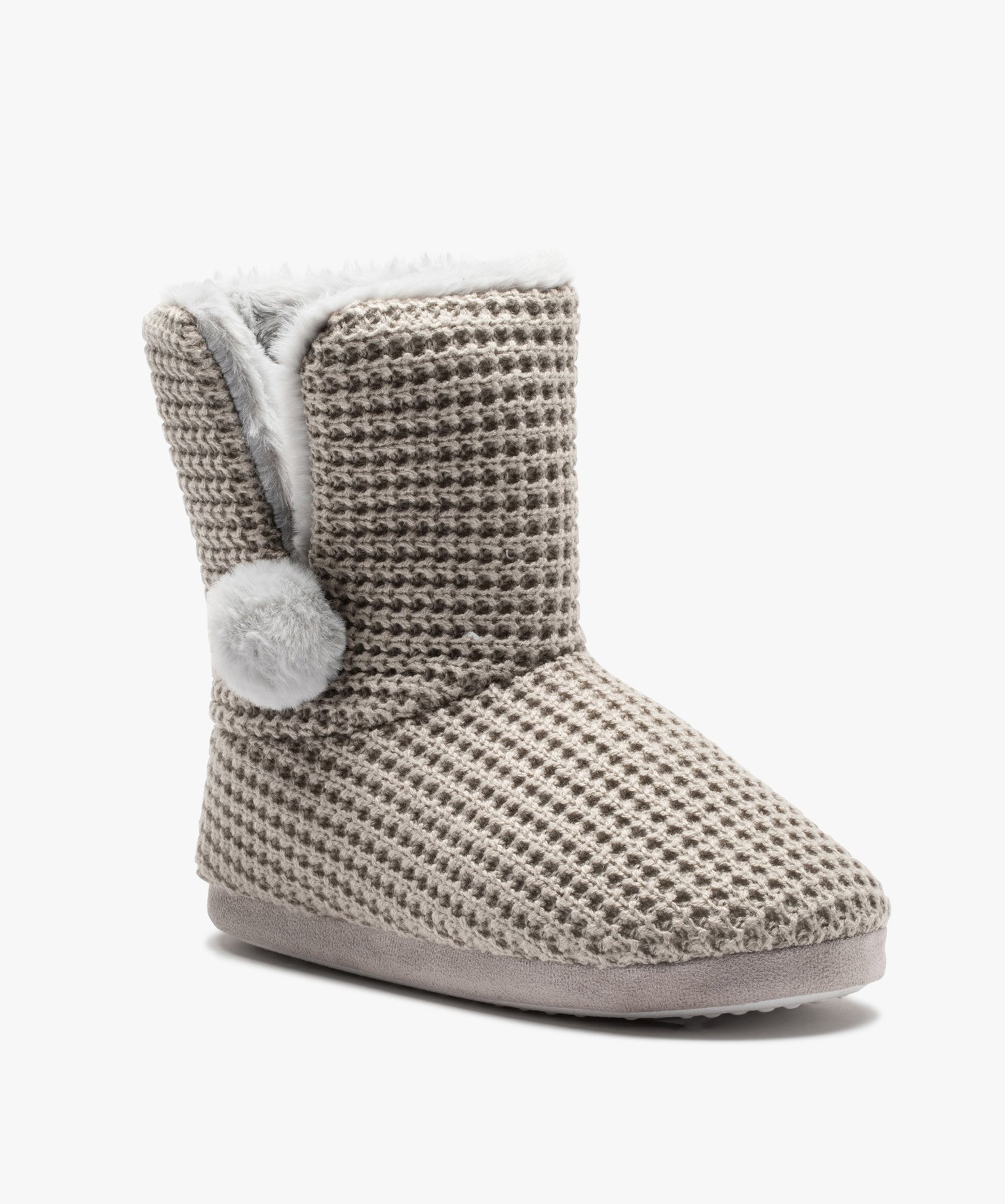 Chaussons femme boots dessus maille et intérieur fourré gris | GEMO