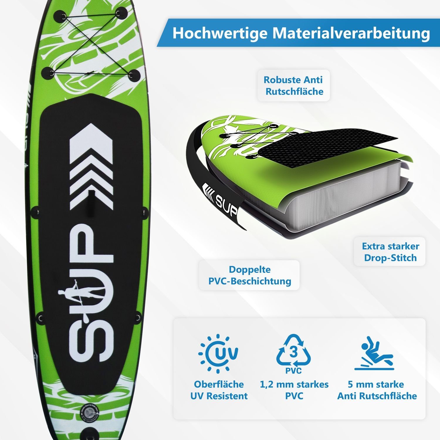 24Move SUP-Board Supboard Set, Premium Stand Up Paddleboard aufblasbar, inkl. Zubehör, Longboard, (Rucksack, Paddel, Action Cam ready, Doppelhub Pumpe, Sicherungsleine, 6 tlg., für Kinder & Erwachsene, GRÜN, 305x76, bis 150 kg), mit Drop Stich Techno