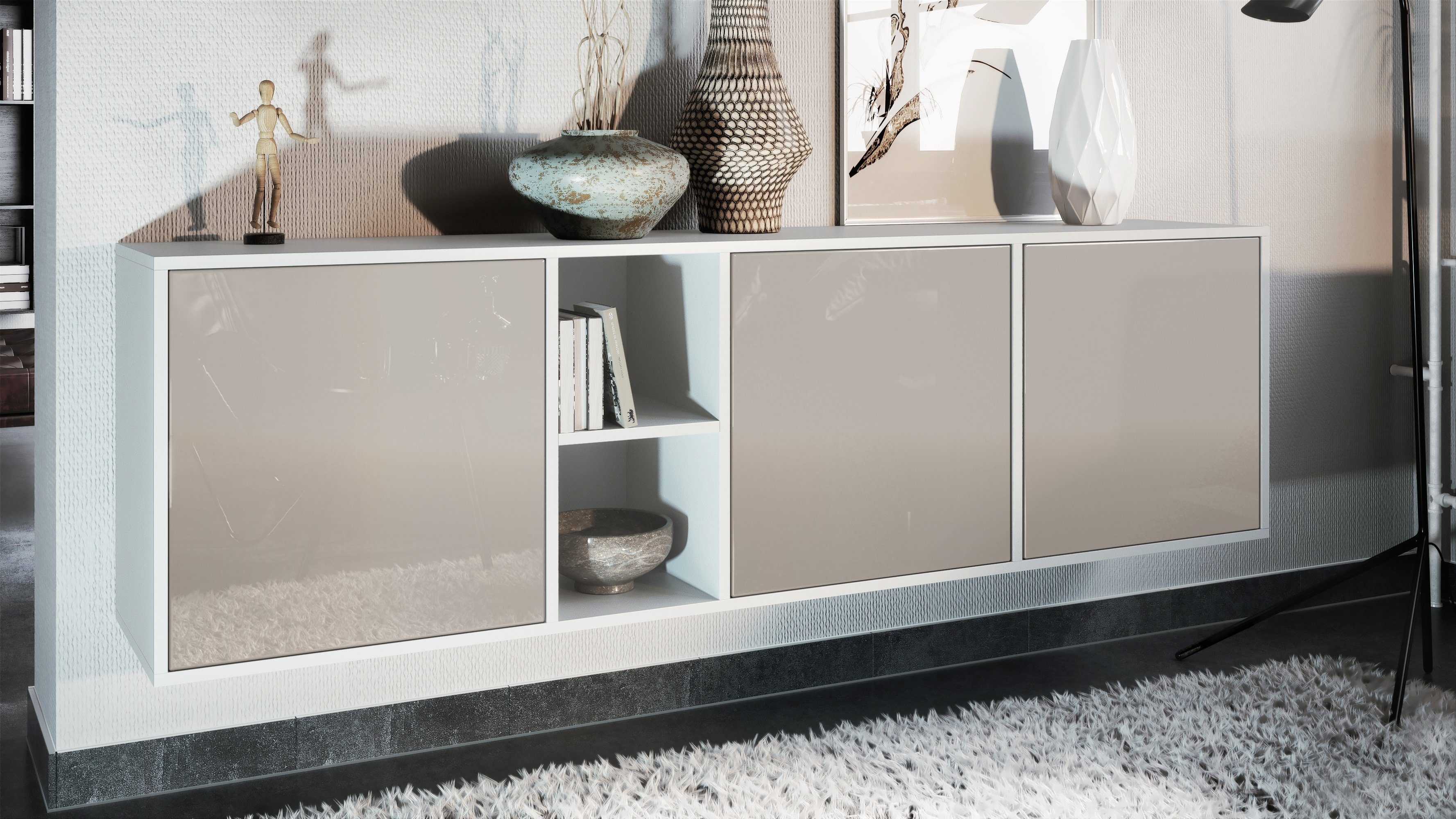 Vladon Sideboard Cuba (Kommode, mit 3 Türen und 2 offene Fächer), Weiß matt/Sandgrau Hochglanz (182 x 53 x 35 cm)