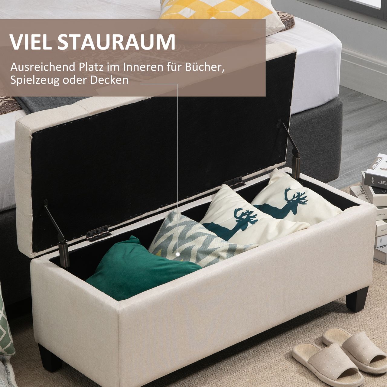 HOMCOM Sitzbank Polsterbank mit Stauraum Truhenbank Flur Schlafzimmer Wohnzimmer leinenartiges Polyester Gummiholz Cremeweiß 100 x 40 x 44 cm