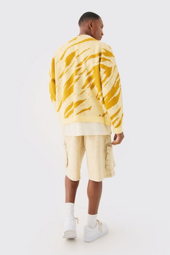 Kastiger Oversize Jacquard-Cardigan mit abstraktem Print