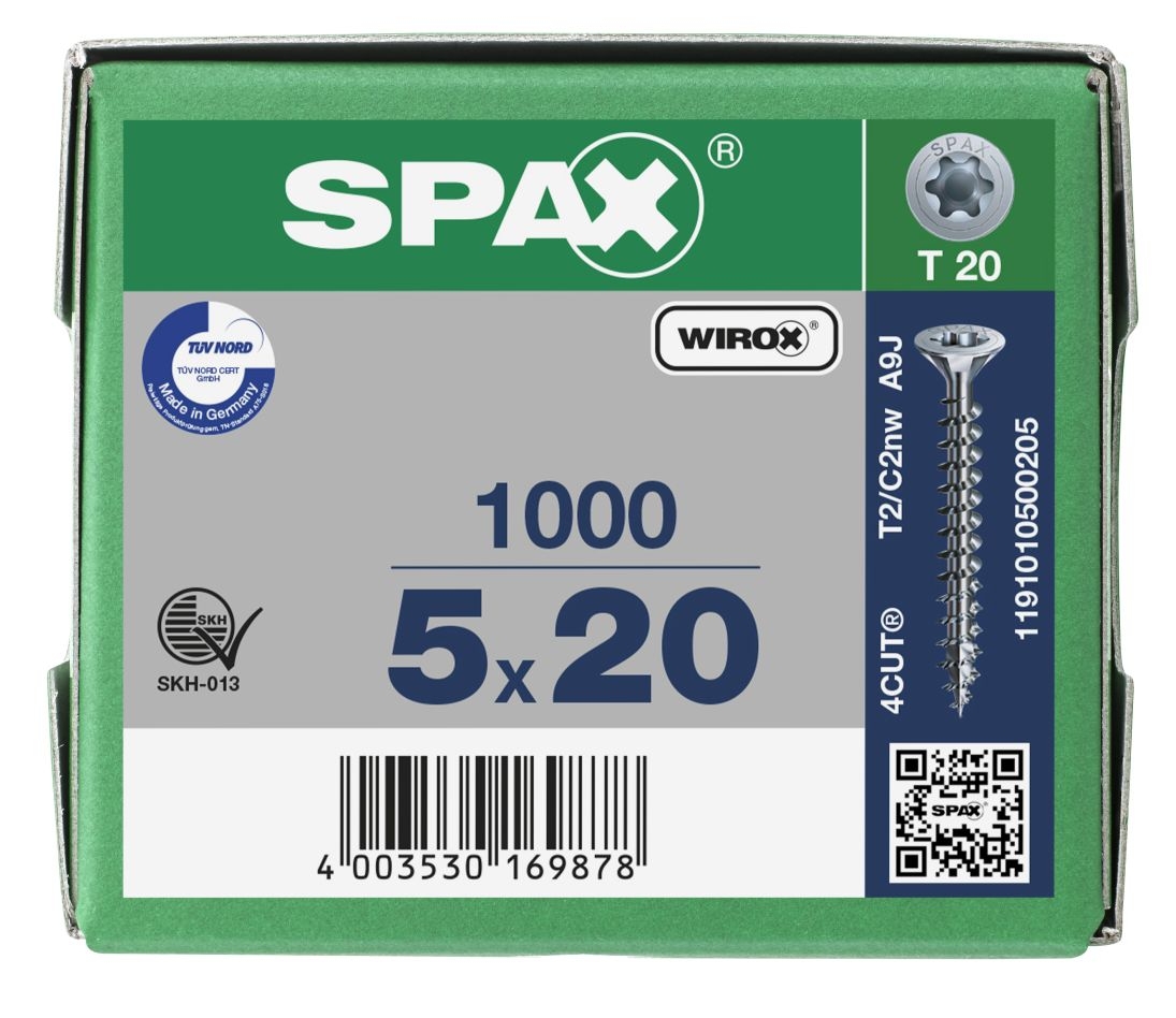 SPAX 1191010500205 Универзални вијак 5 x 20 мм, Пуни навој, Упуштена глава, T-STAR plus T20 - 1000 комада