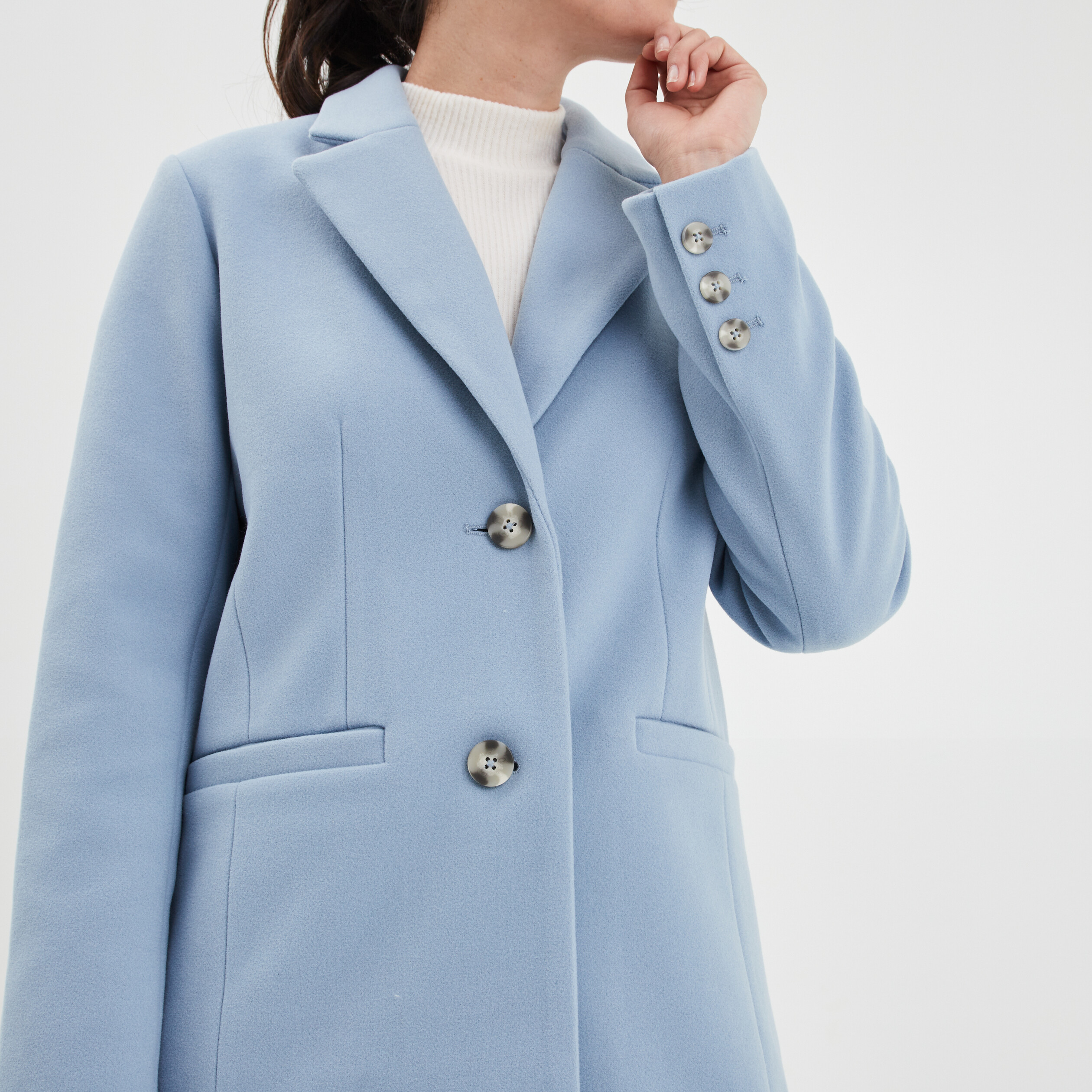 Manteau doublé long droit boutonné bleu gris femme | La Halle