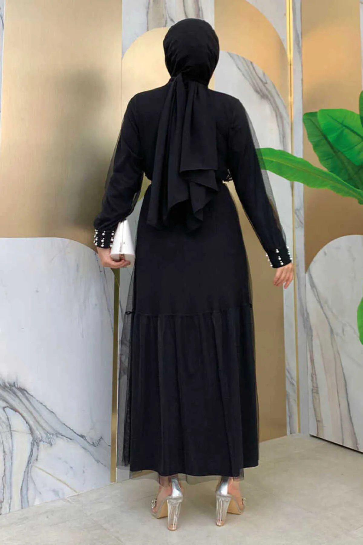 Bym Fashion  Abaya-Kleid aus Tüll mit Perlendetail 8488 Schwarz