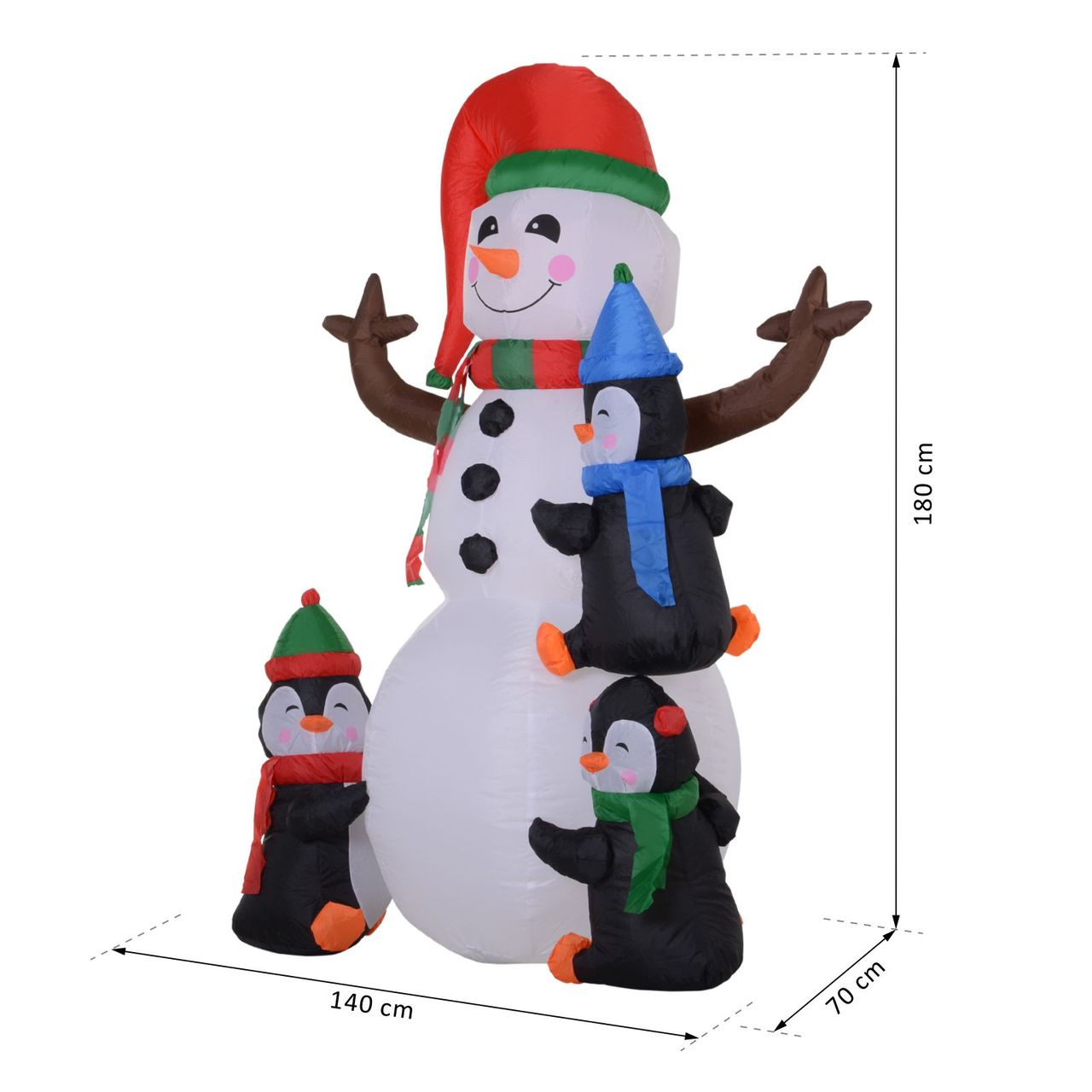 HOMCOM Weihnachten aufblasbarer Schneemann mit 3 Pinguinen LEDs Polyester 140 x 70 x 180 cm