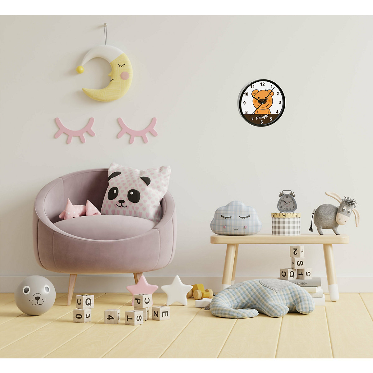 Kinder Wanduhr personalisiert mit Name Teddy Bär