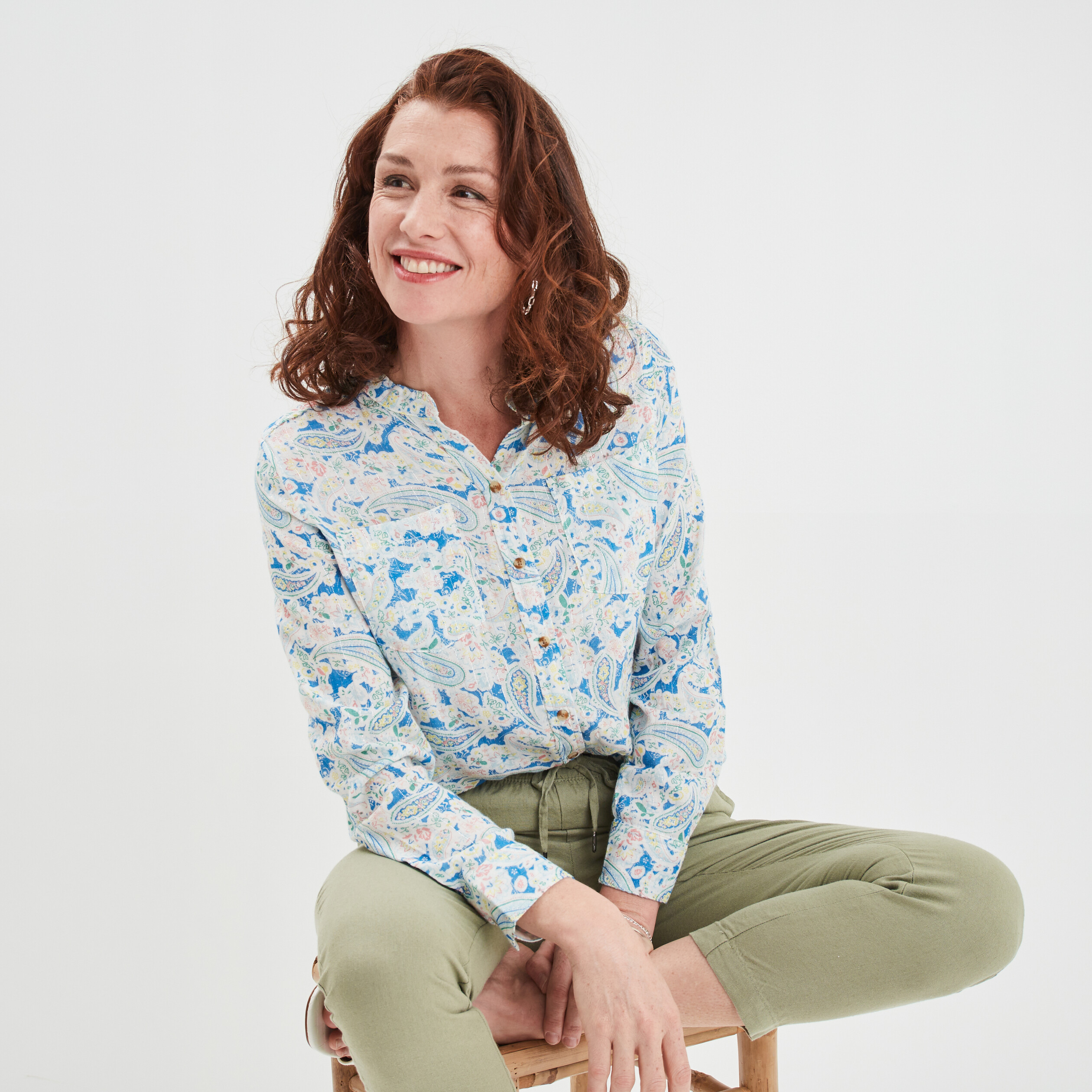 Chemise manches longues col mao blanc femme | La Halle