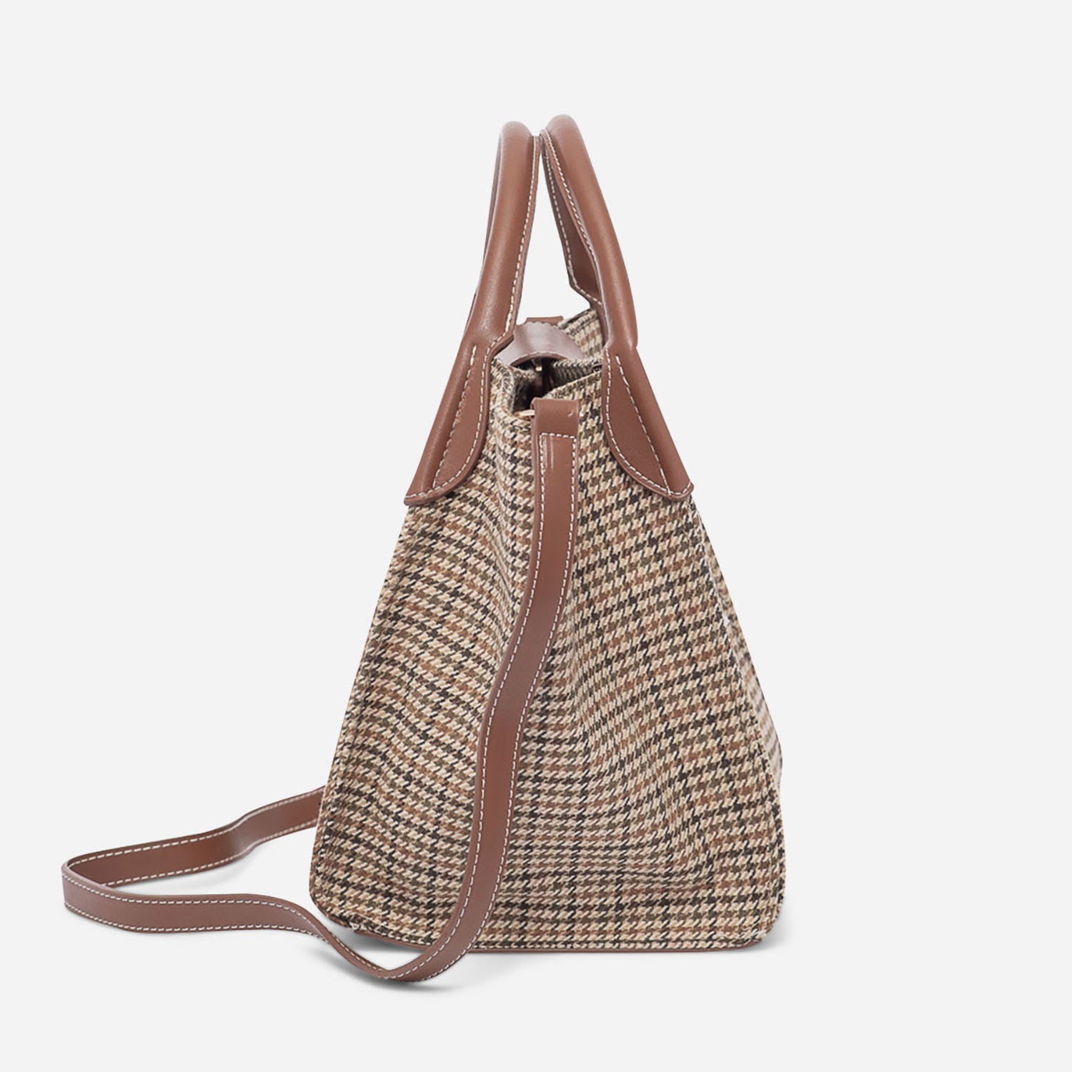 Sac à main marron à motifs pied-de-poule