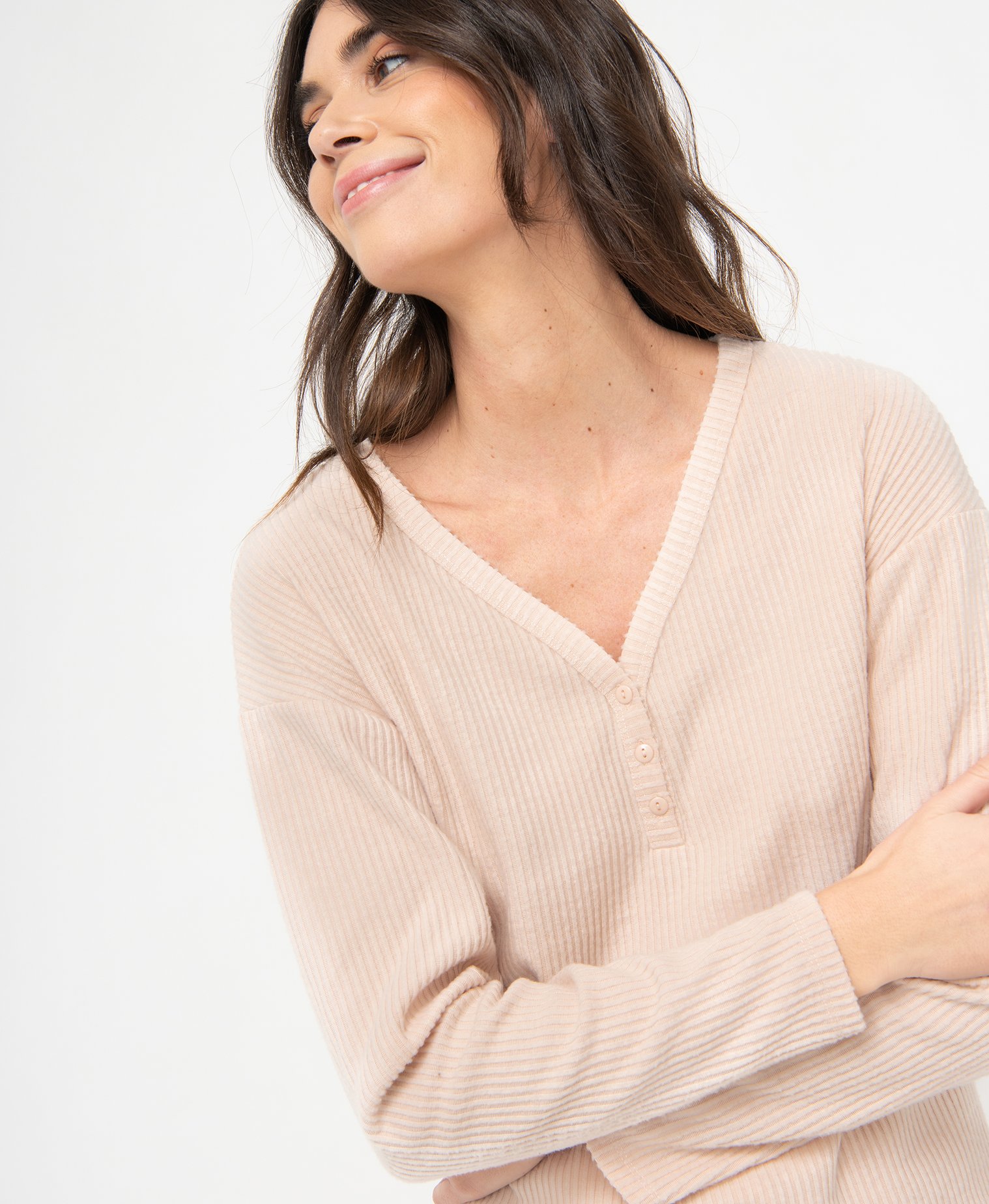 Haut de pyjama femme à manches longues en maille ctelée beige | GEMO