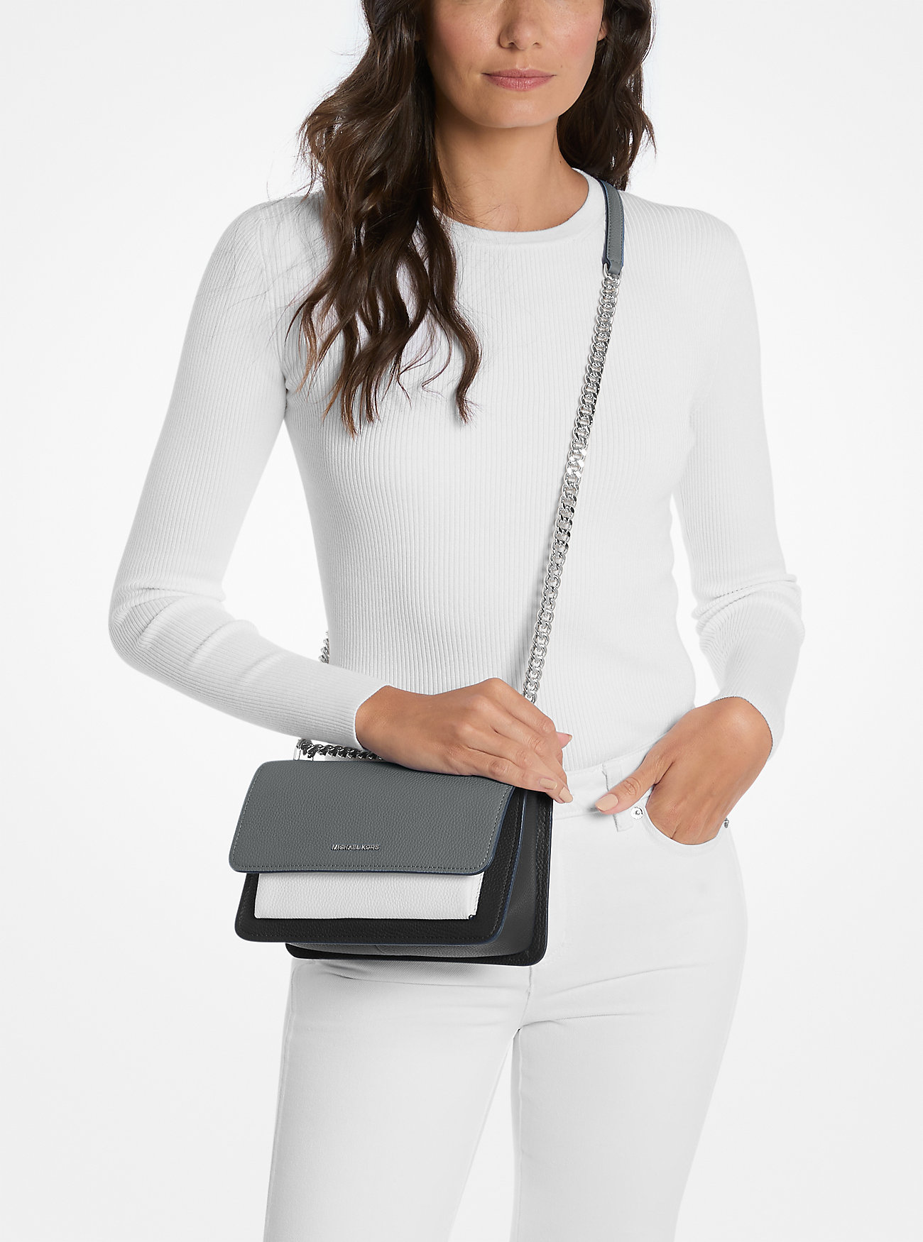 Claire Large Color-Block Pebbled Leather Shoulder Bag - STORM MULTI