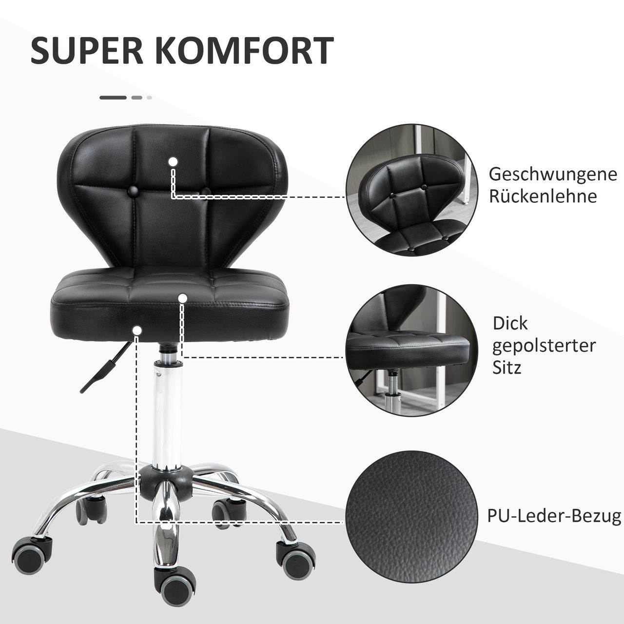 HOMCOM 2er-Set Arbeitshocker mit Rückenlehne Rollhocker aus Kunstleder Drehhocker mit Lehne Kosmetikhocker 72-87 cm höhenverstellbar Büro Dunkelgrau 45 x 47 x 72-87 cm