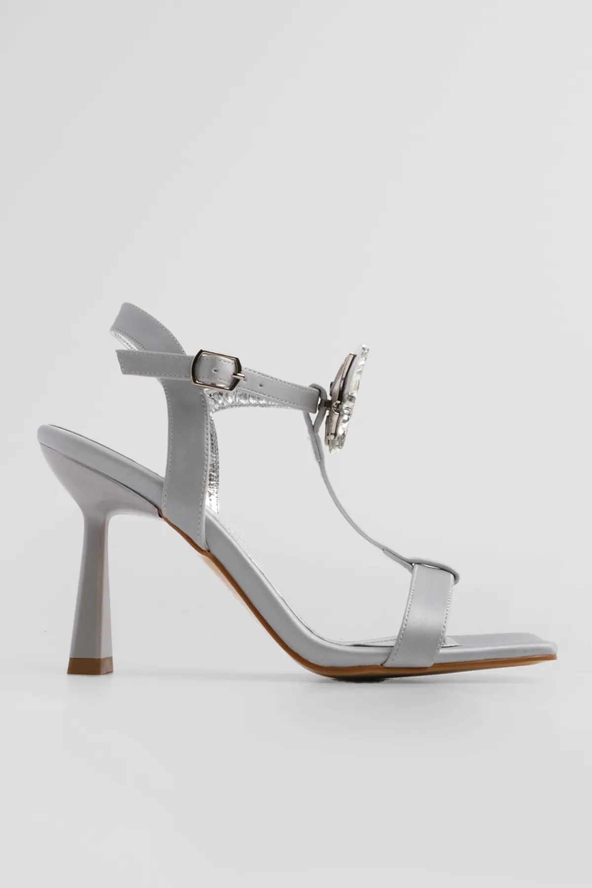 Marjin  Damen Blunt Toe Knöchelriemen Stoned Abendkleid Schuhe mit Absatz Neros Silber