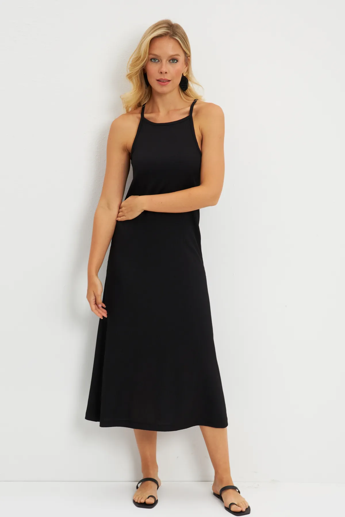 Cool & Sexy  Schwarzes Neckholder-Midikleid mit Wickeldesign für Damen DMR166