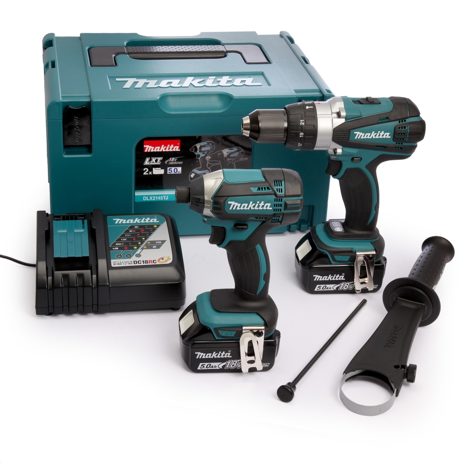 Makita DLX2145TJ Kombinovaná sada 18V 5,0 Ah Li-ion DHP458 akumulátorová příklepová vrtačka + rázový utahovák DTD152 v M-Boxu