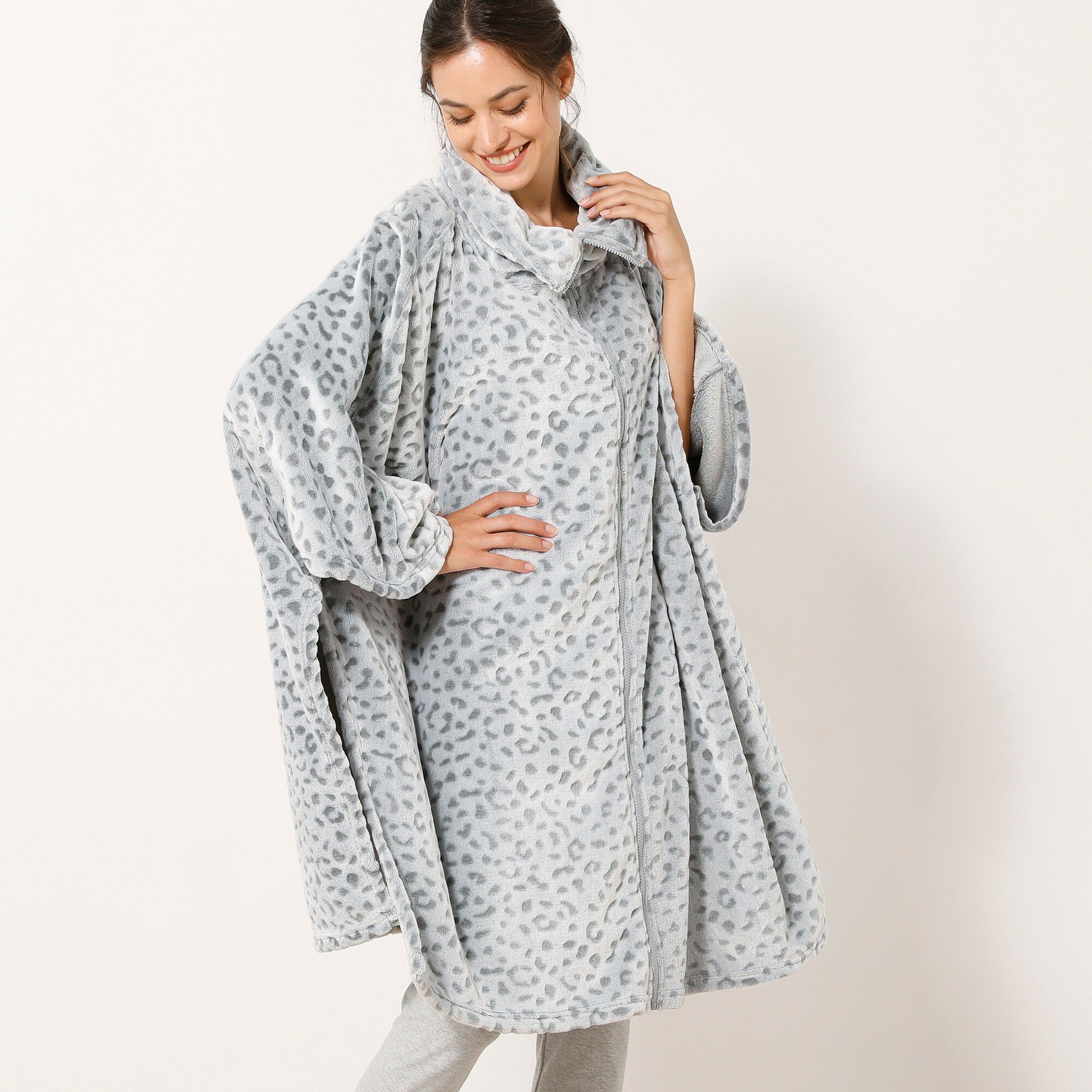 Poncho polaire oversize zippé léopard