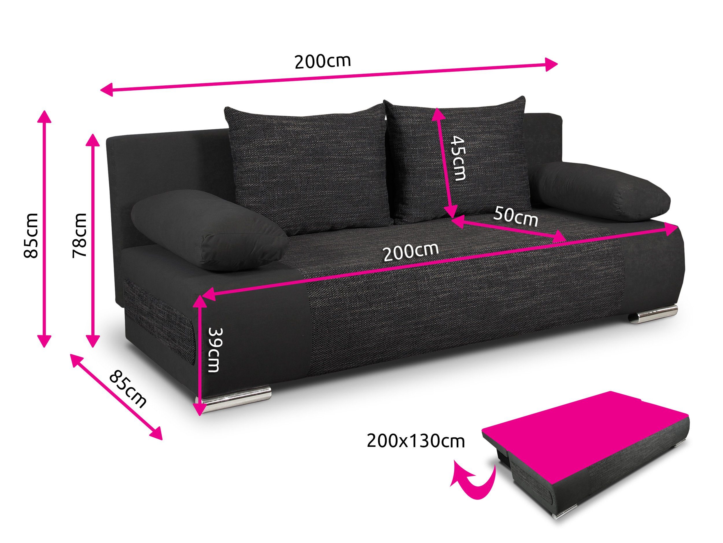Sofnet Schlafsofa Naki, mit Schlaffunktion und Bettkasten, Bettsofa mit Chromfüße, Schlafcouch, Sofagarnitur
