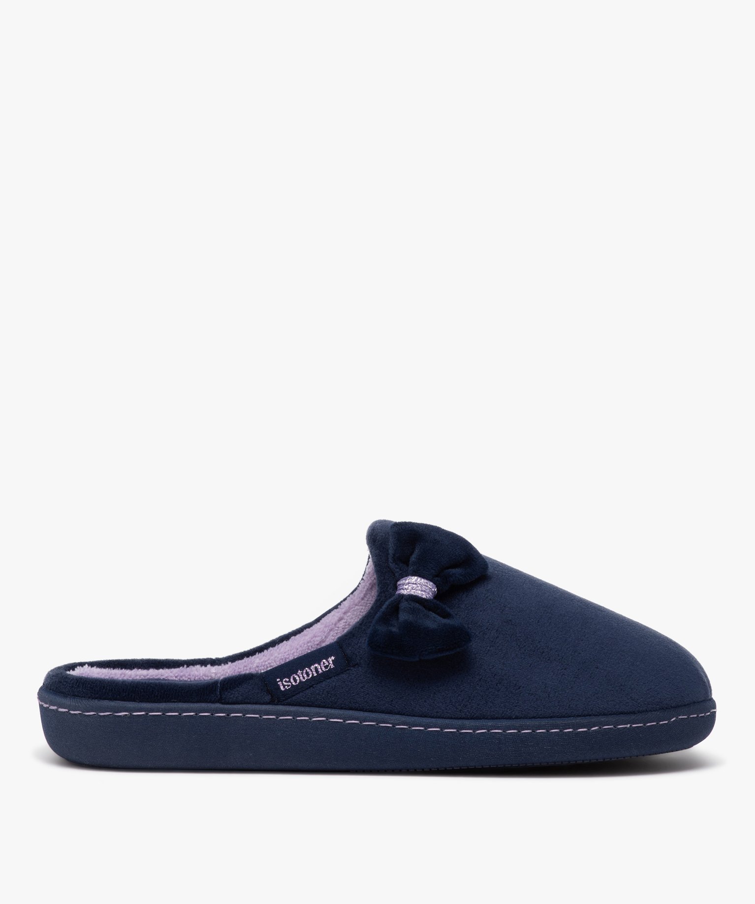 Chaussons femme pantoufles en velours uni avec noeud - Isotoner marine | GEMO