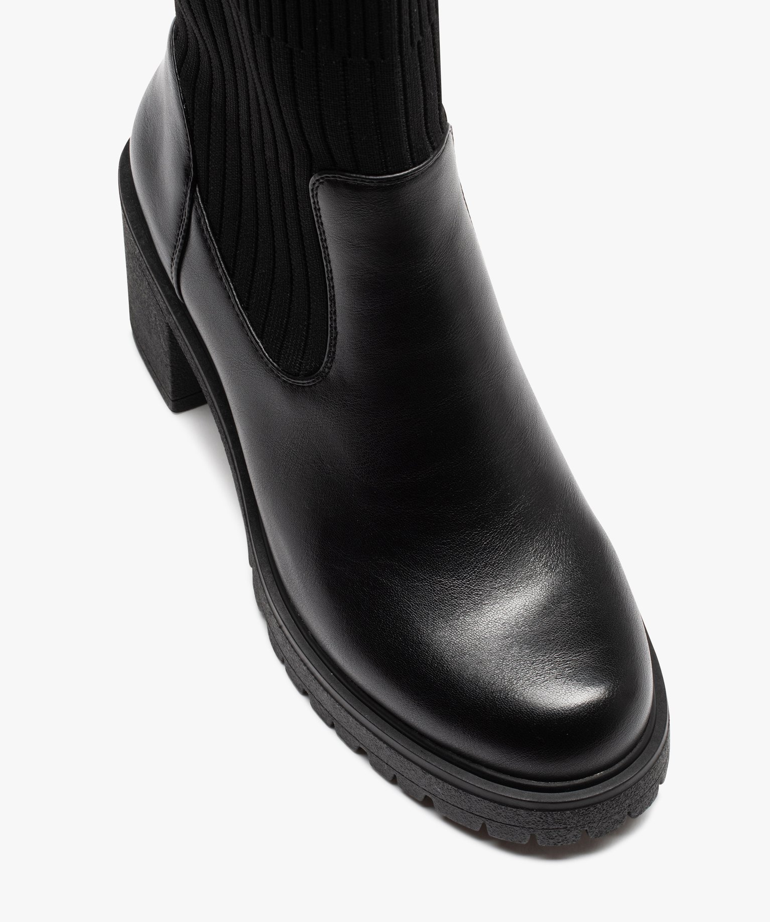 Boots femme unies à talon carré et col chaussette noir | GEMO