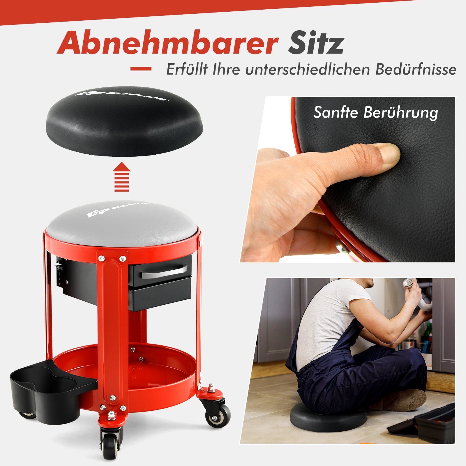 COSTWAY Werkstattwagen Werkstatthocker, mit 2 Schubladen, Ablage & Rollen