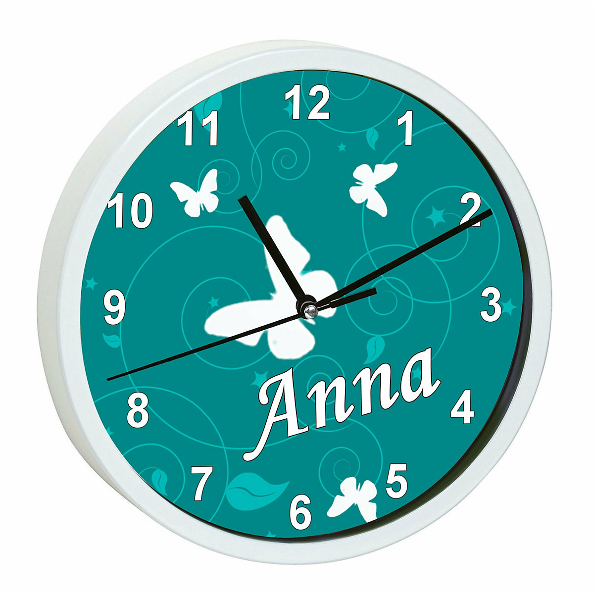 Kinder Wanduhr personalisiert mit Name Schmetterling Petrol