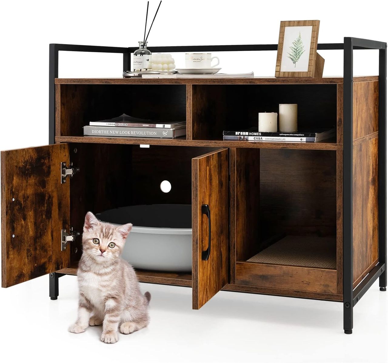 Costway Katzenschrank Katzentoilette mit Doppeltüren & Kratzunterlage