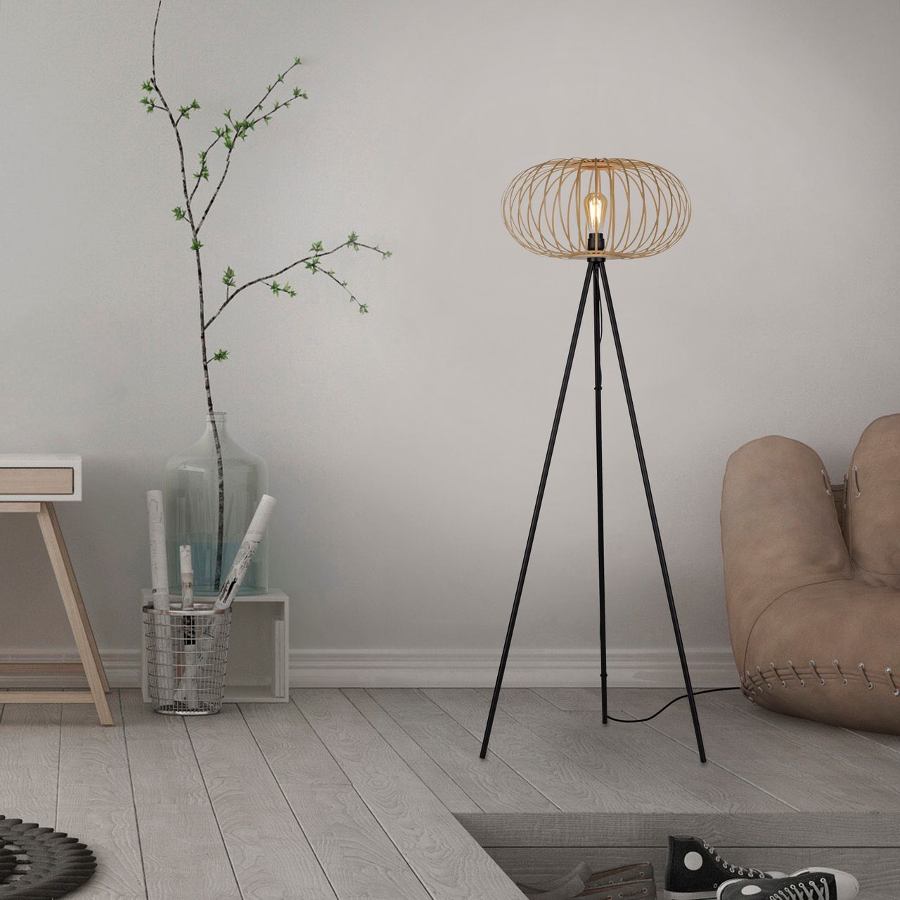 JUST LIGHT LeuchtenDirekt Stehleuchte RACOON, 1-flammig, E27, Bambus-Schirm, Ø50cm, Holz-natur, IP20
