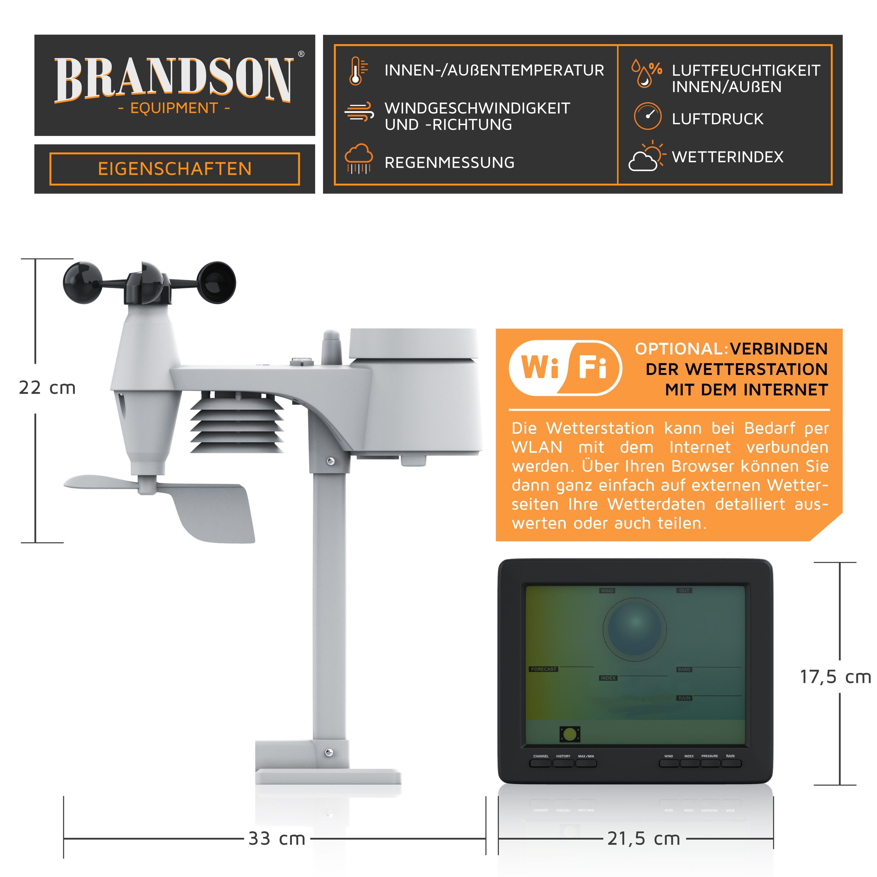 Brandson Wetterstation (mit Außensensor, Profi Funkwetterstation mit Außen Messstation, Wetterdaten per App)