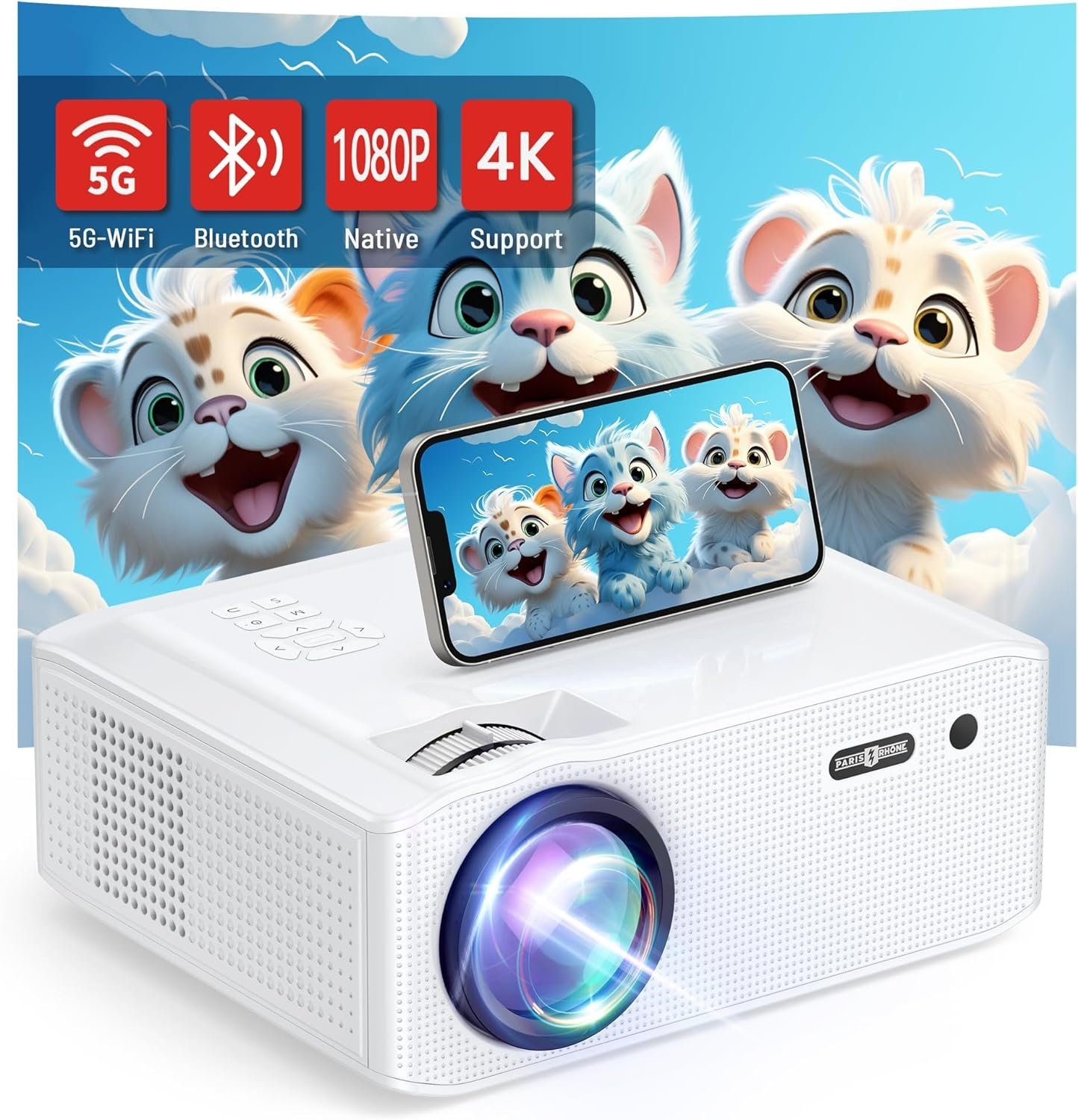 Paris Rhône Beamer Full HD 4K Home Cinema mit 5G WiFi Portabler Projektor (15000 lm, 15000:1, 1920x1080 px, Projector for Phone TV Firestick Laptop PS5)