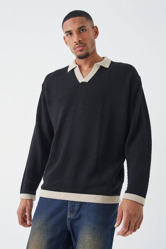 Tall langärmliges Oversize Poloshirt mit Kontrast-Kragen