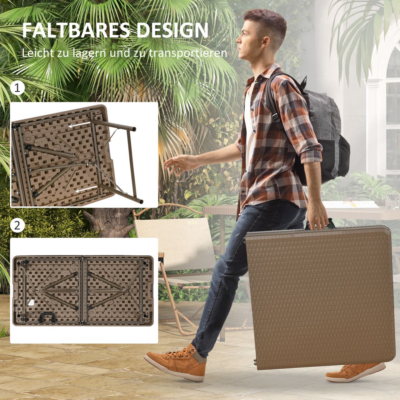 Outsunny Campingtisch Klapptisch mit Rattanoptik, Buffettisch für 4 Personen