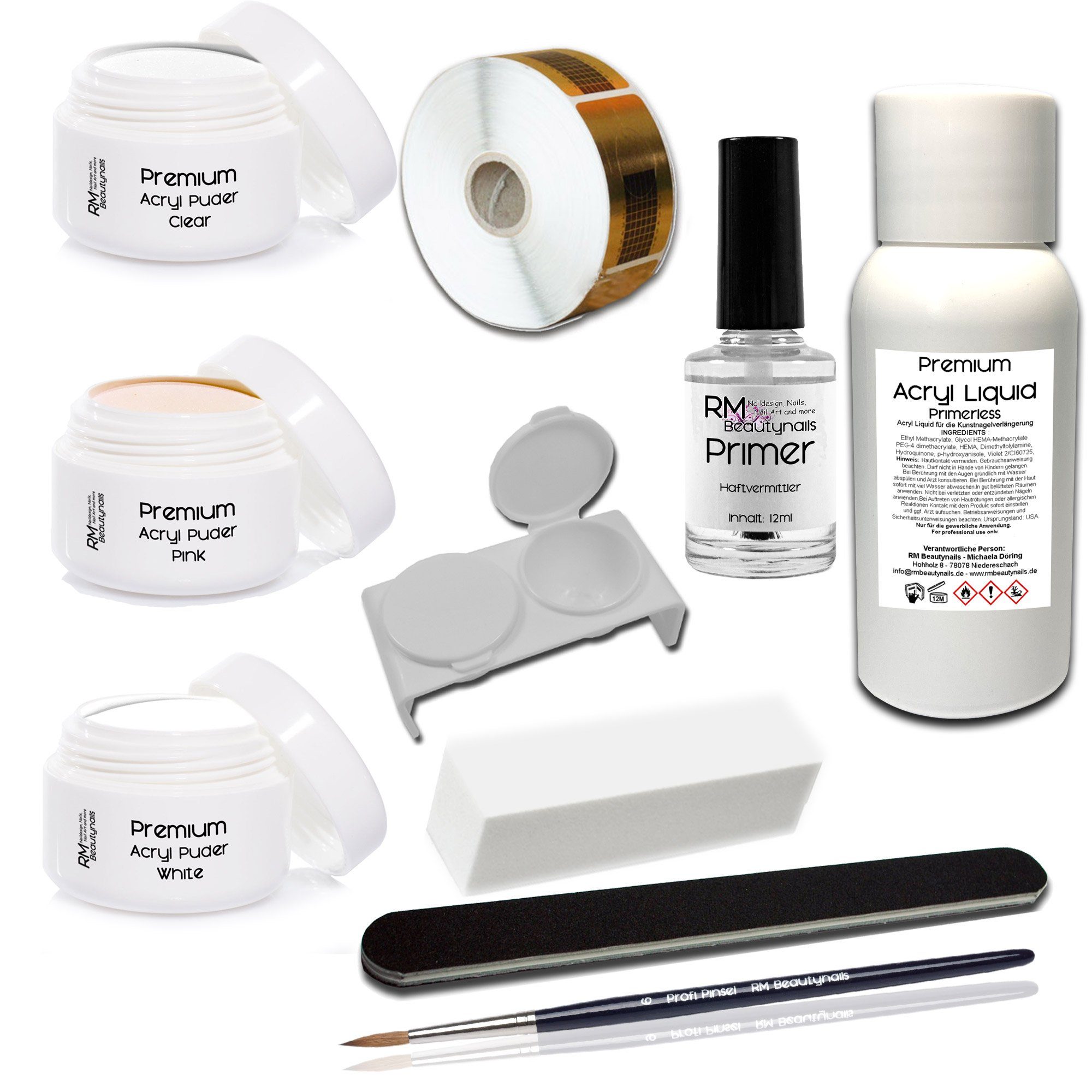 RM Beautynails Kunstfingernägel Acryl Set 1 Nagelset Starterset 50ml Liquid Acrylpuder Pulver Klar - Weiß - Pink Klar - Primer Feile Buffer, Starter Set 1-tlg., Bei einer Acrylmodellage benötigen Sie keine UV-Lampe, Acry Modellage Set in Studio Quali