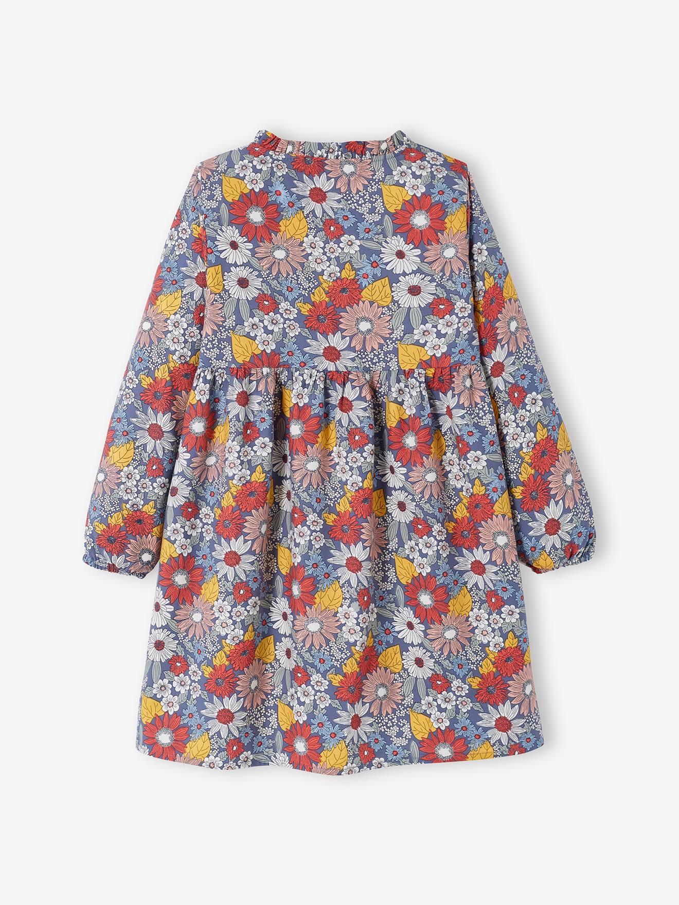 Robe à fleurs smokée épaules fille bleu jean imprimé