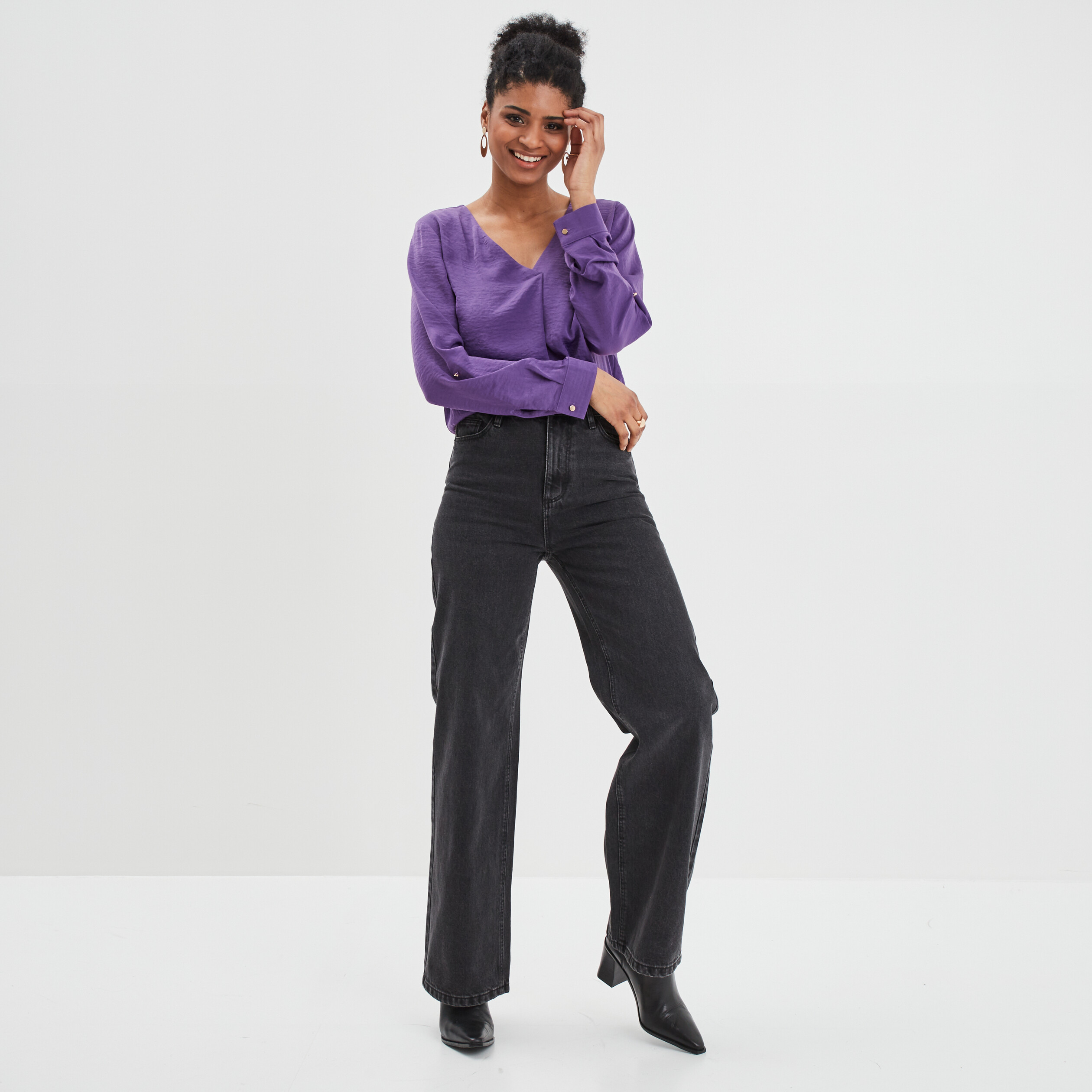 Blouse à revers manches 3 4 violet femme | La Halle