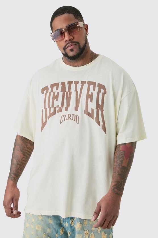 Plus zerrissenes Oversize T-Shirt mit Acid-Waschung und Denver Print