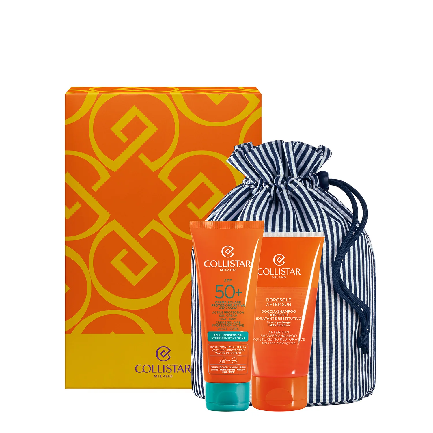 Set de bronceado con crema solar de protección activa para pieles hipersensibles SPF50+ - Set de bronceado, estuche solar, crema solar corporal de alta protección.