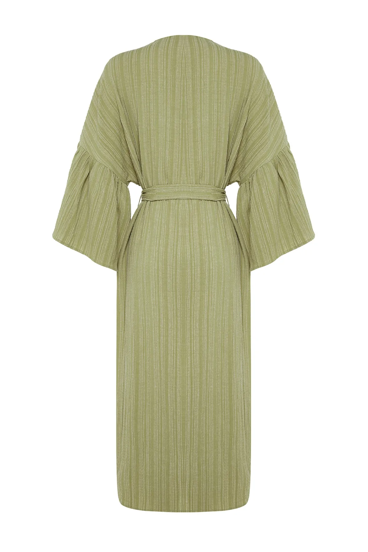 Trendyol Collection  Khakifarbener Maxi-Kimono und Kaftan aus Leinenmischung mit gewebtem Volant und Gürtel TBESS23KM00028