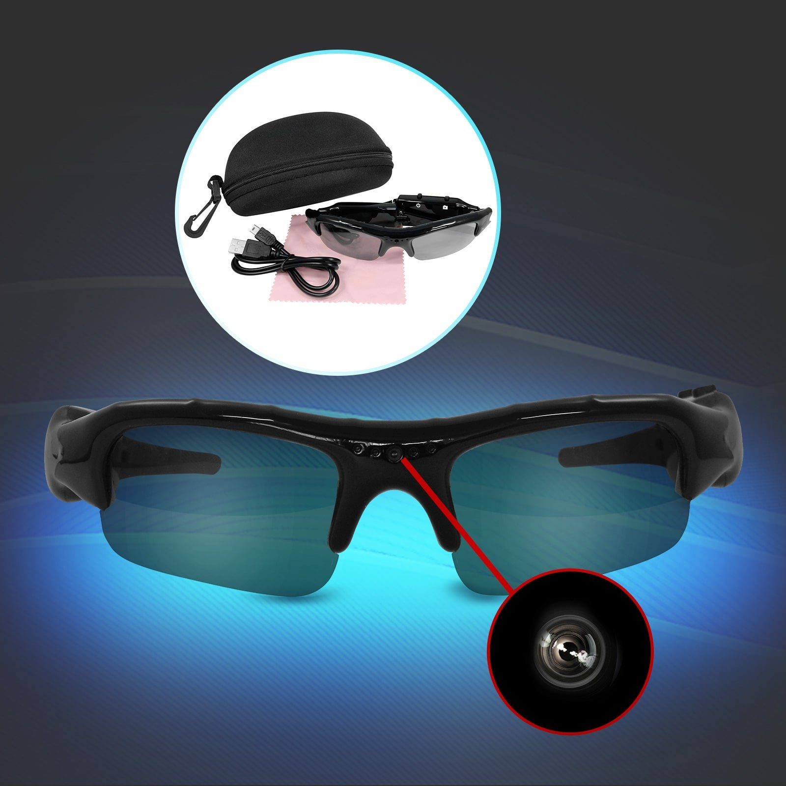 EAXUS Action Videobrille/Spionbrille/Kamerabrille Überwachungskamera (Innenbereich, Außenbereich, inkl. Brillenetui und Brillentuch, Sonnenbrille mit versteckter Mini Kamera, Actionkamera)