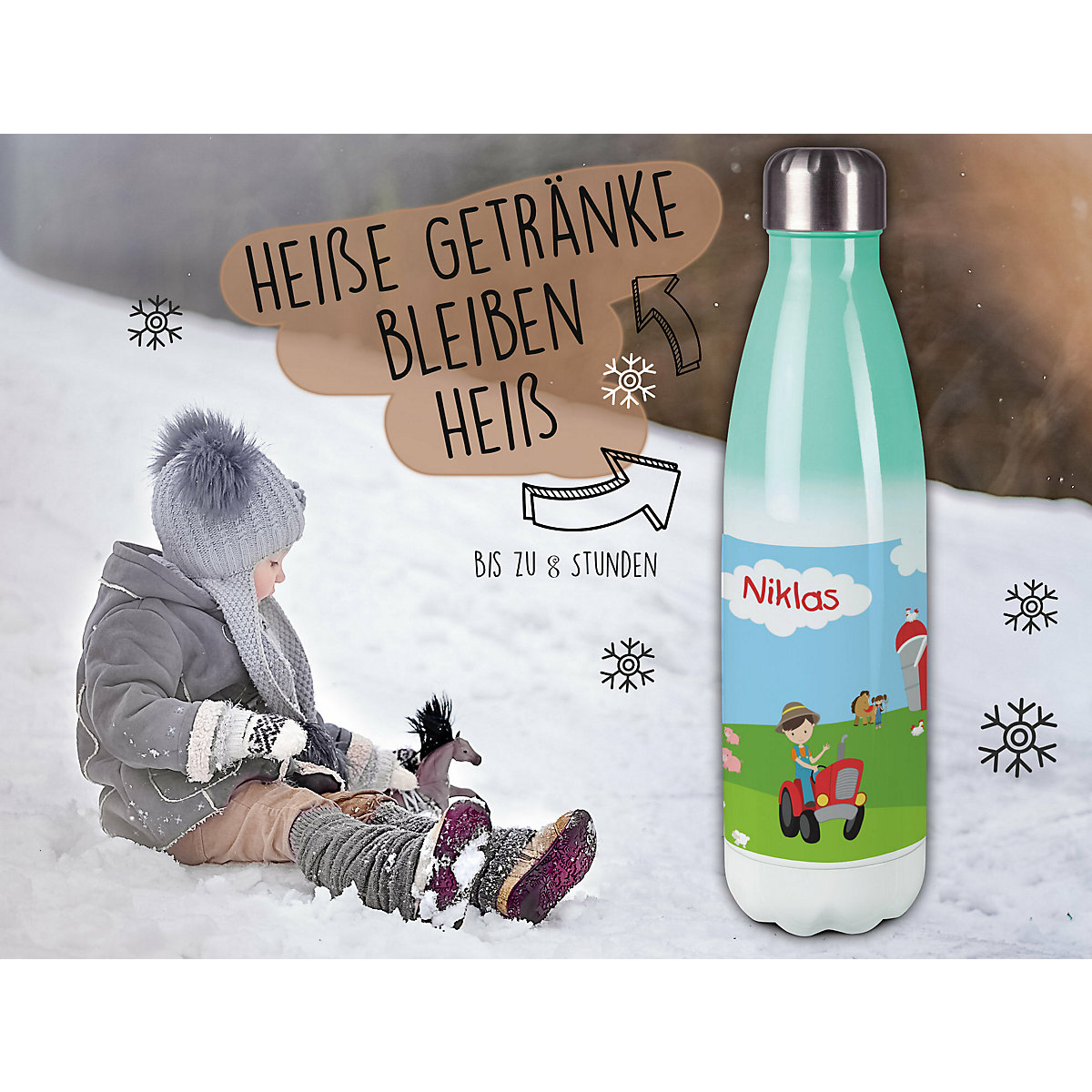 Edelstahl Kinder Thermoflasche / Trinkflasche bunt Bauernhof Spülmaschinenfest, Auslaufsicher, Bruchfest, Doppelwandig, Für Heißgetränke geeignet, Mit Deckel, Isoliert